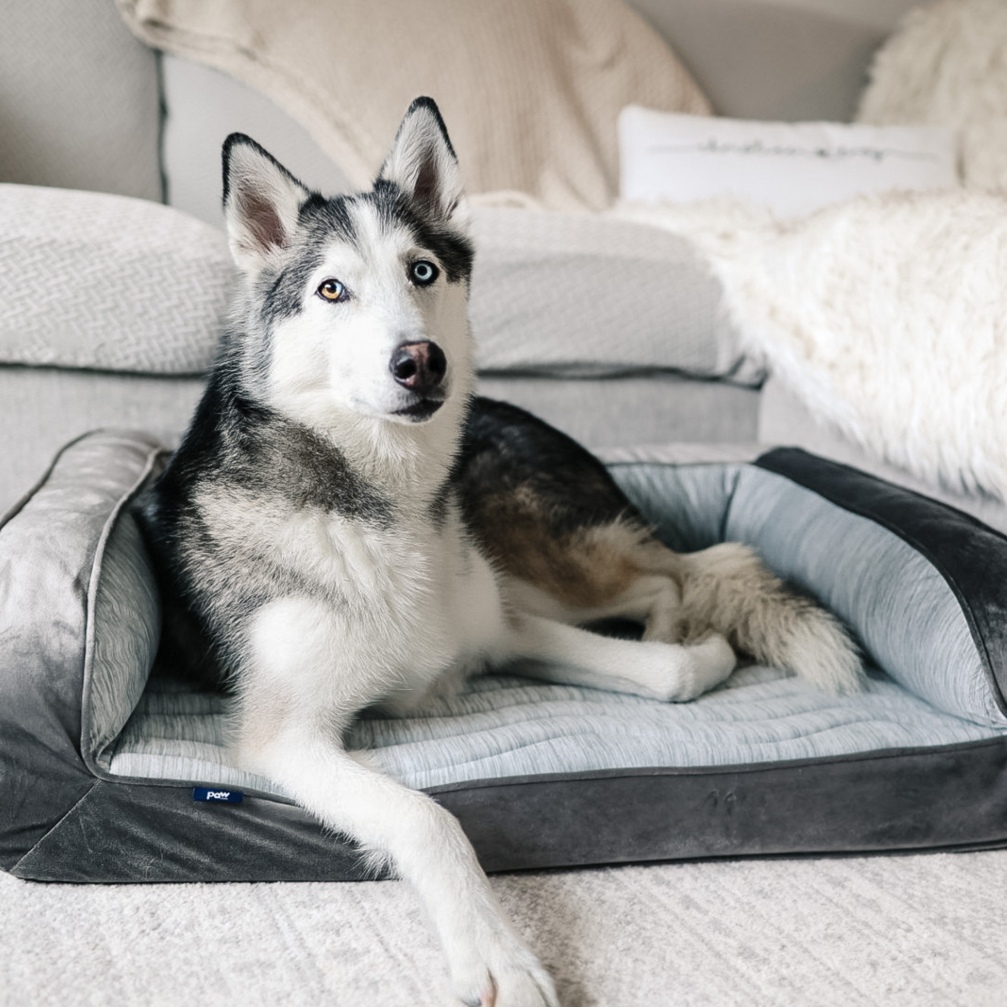 PupChill™ Cooling Bolster Dog Bed + Waterproof Blanket Bundle - Arctic Grey Paw