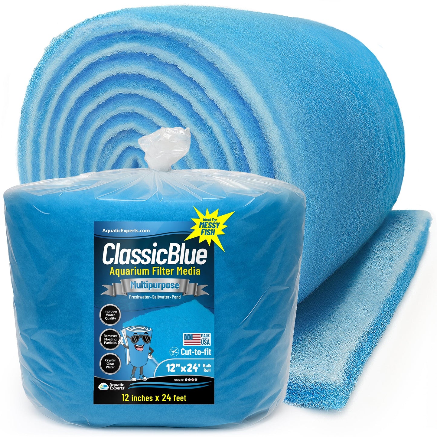 Classic Bonded Aquarium Filter Pad - Blue & White Aquarium Filter Media Roll Bulk, Customizable for Most Filters 3 4" 12" x 24' Aquatic Experts