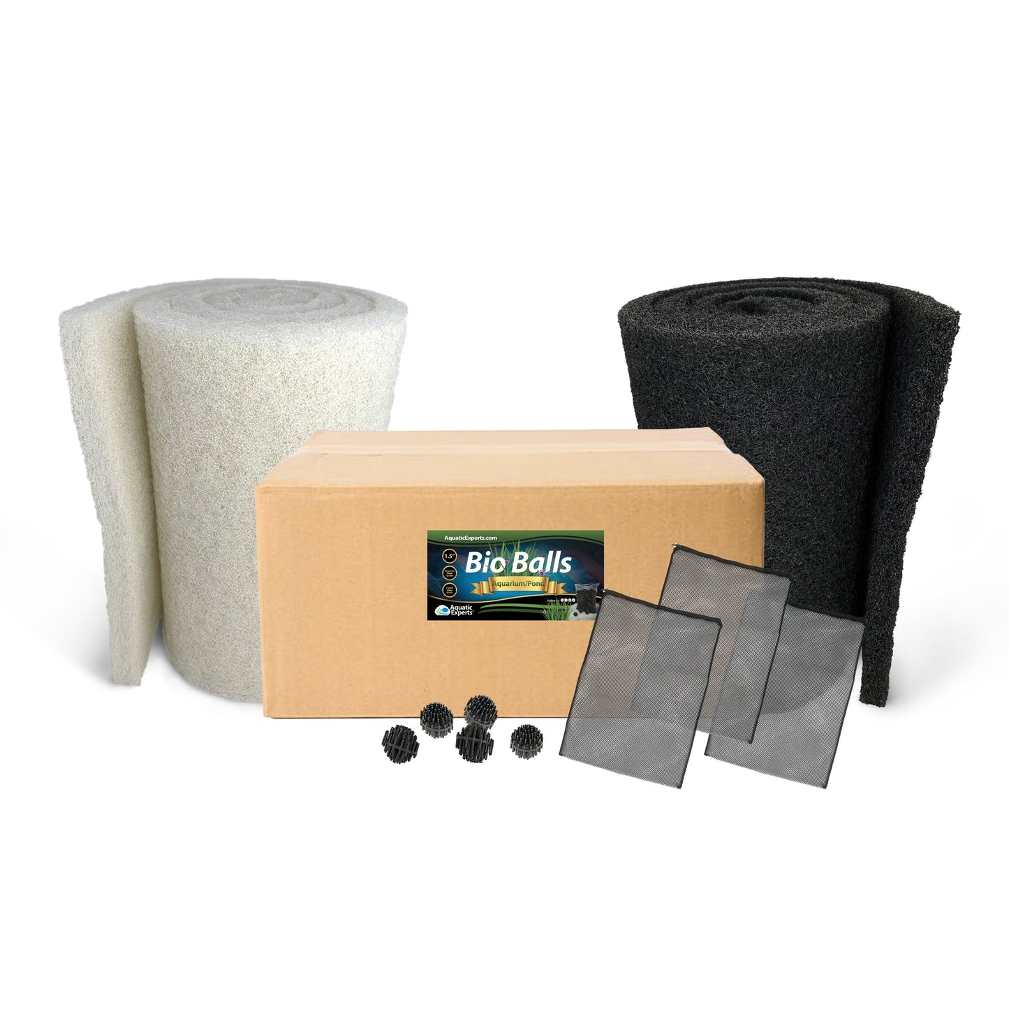 Pond Bundle - Black Coarse Filter Pad 18" x 72" + White Fine Pond Filter Pad 18" x 72" + 900 Bio Balls Bundle Bundles Aquatic Experts