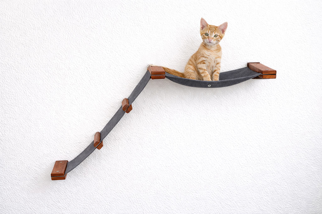 The Lift- Cat Hammock Bed English Chestnut Bamboo Charcoal Gray Canvas Cat Hammock Catastrophic Creations