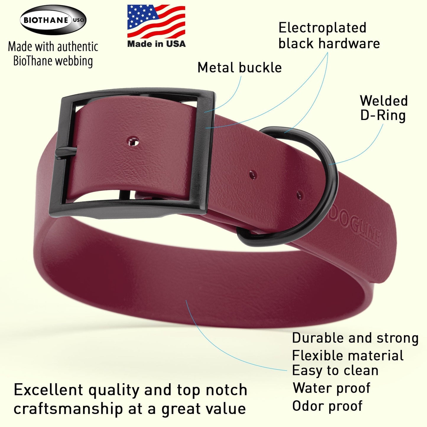 Dogline Biothane Waterproof Dog Collar with Black Hardware - 1.5" Wide, Size XL (20 to 24 inches) Dog Collars Dogline