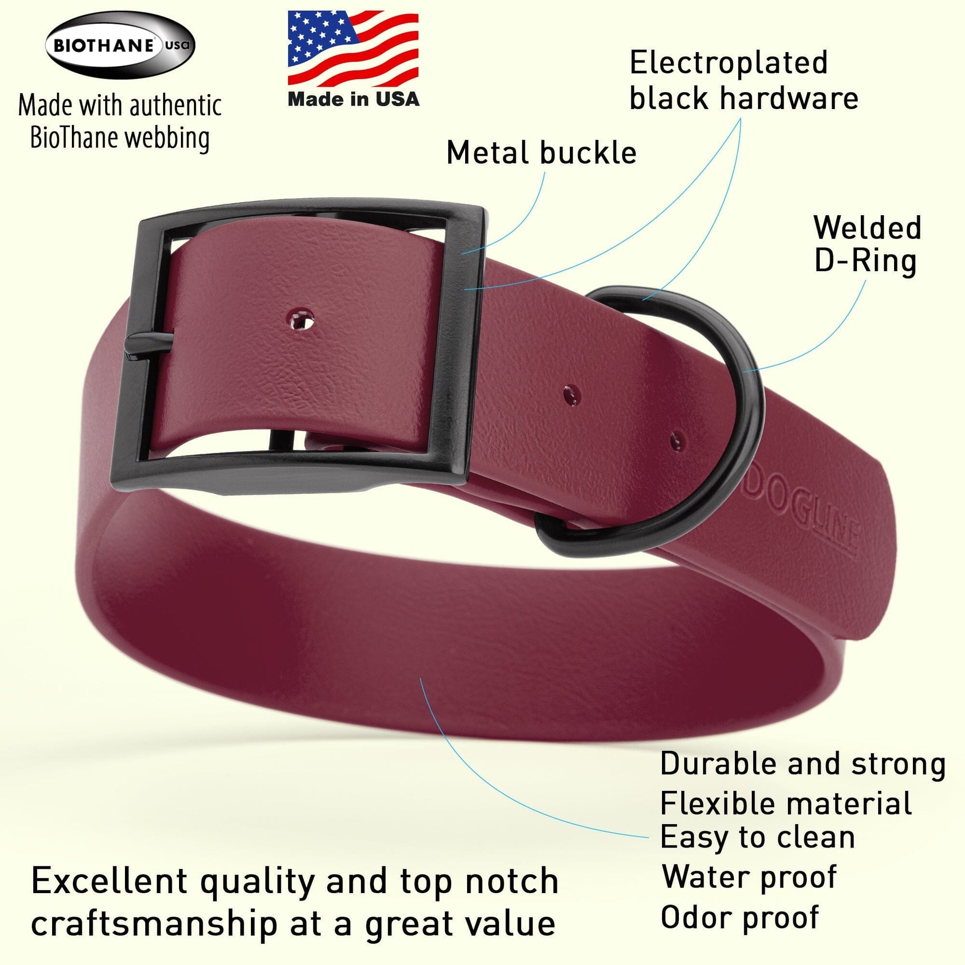 Dogline Biothane Waterproof Dog Collar with Black Hardware - 1.5" Wide, Size XL (20 to 24 inches) Dog Collars Dogline