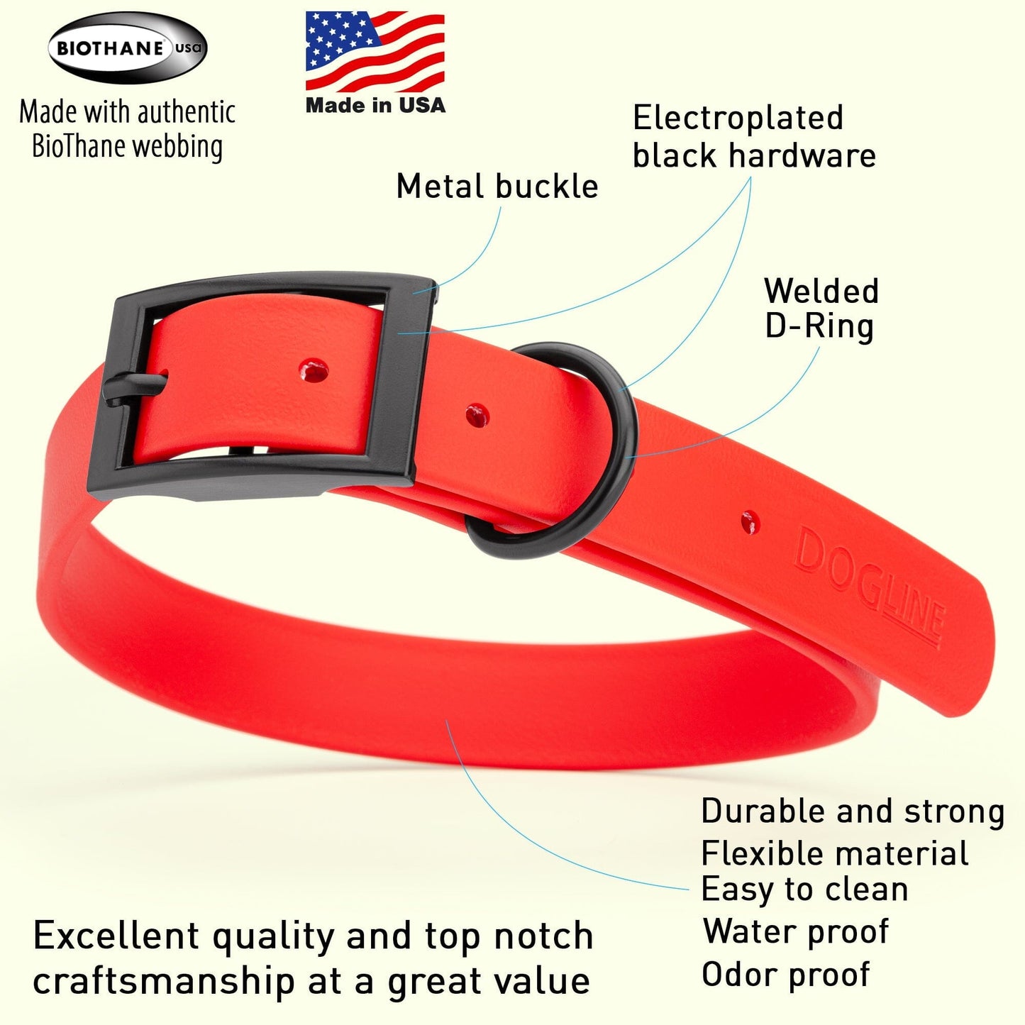 Dogline Biothane Waterproof Dog Collar with Black Hardware - Size L (18 to 22 inches) Dog Collars Dogline
