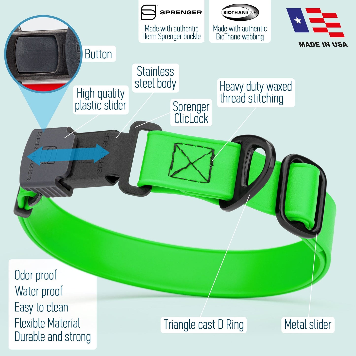 Sprenger BioThane Waterproof Dog Collar with Stainless Steel ClicLock Quick Release Buckle Dog Collars Dogline