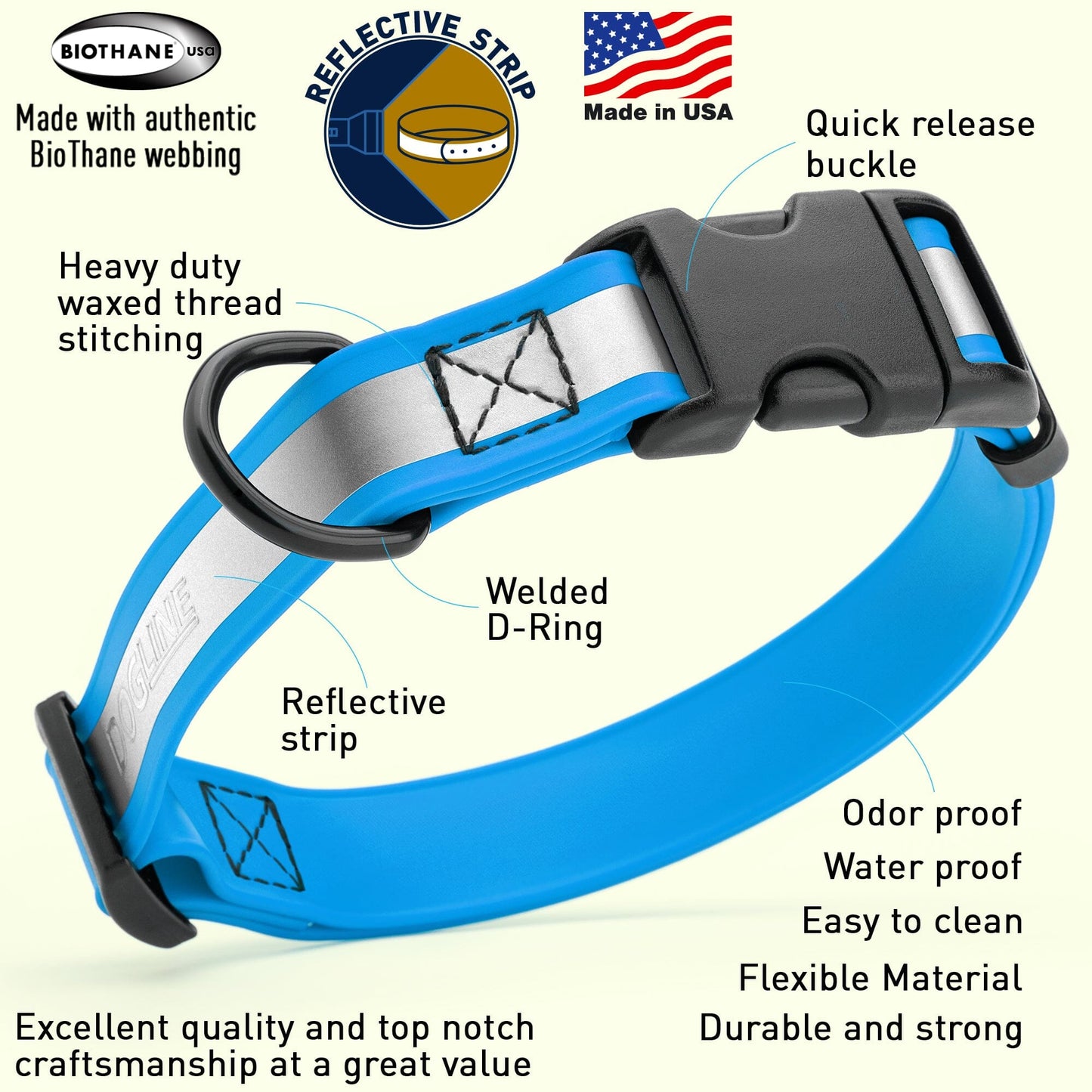 Dogline Biothane Reflective Dog Collar with Quick Release Buckle Dog Collars Dogline