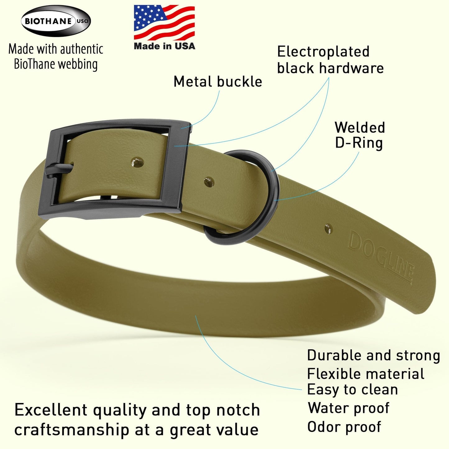 Dogline Biothane Waterproof Dog Collar with Black Hardware - Size XL (22 to 25 inches) Dog Collars Dogline
