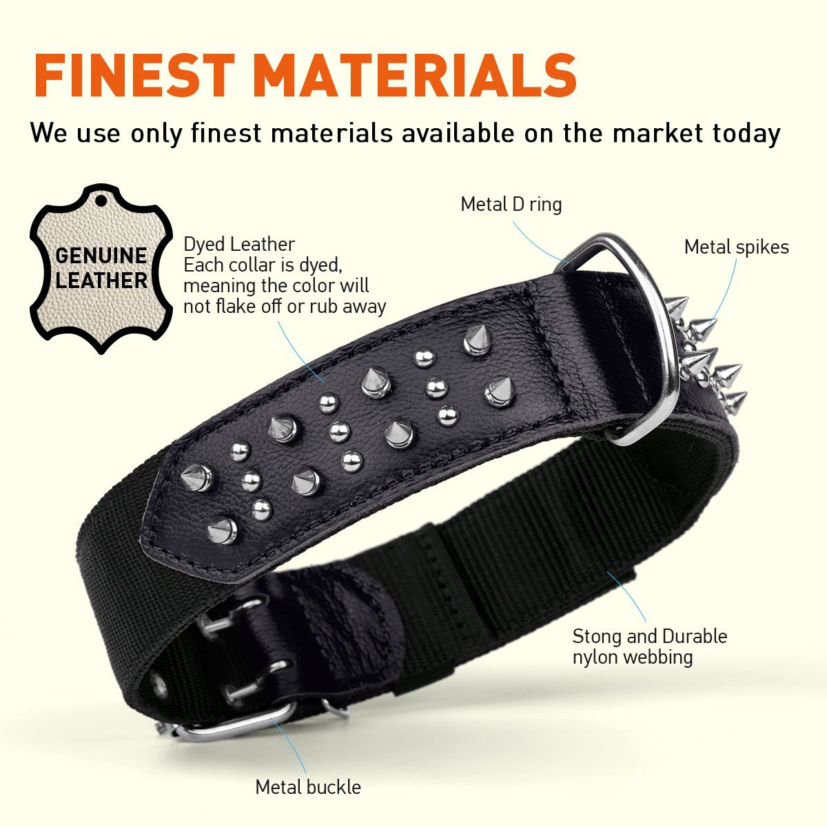 Leather + Nylon Spiked Dog Collar Dog Collars Dogline