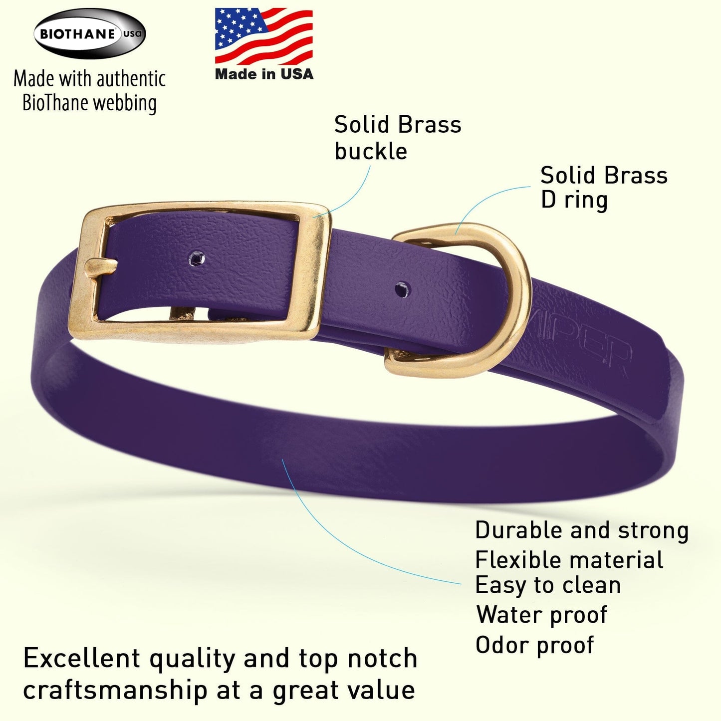 Viper Biothane Waterproof Dog Collar - Brass Hardware - Size M (15 to 18 inches) Dog Collars Dogline