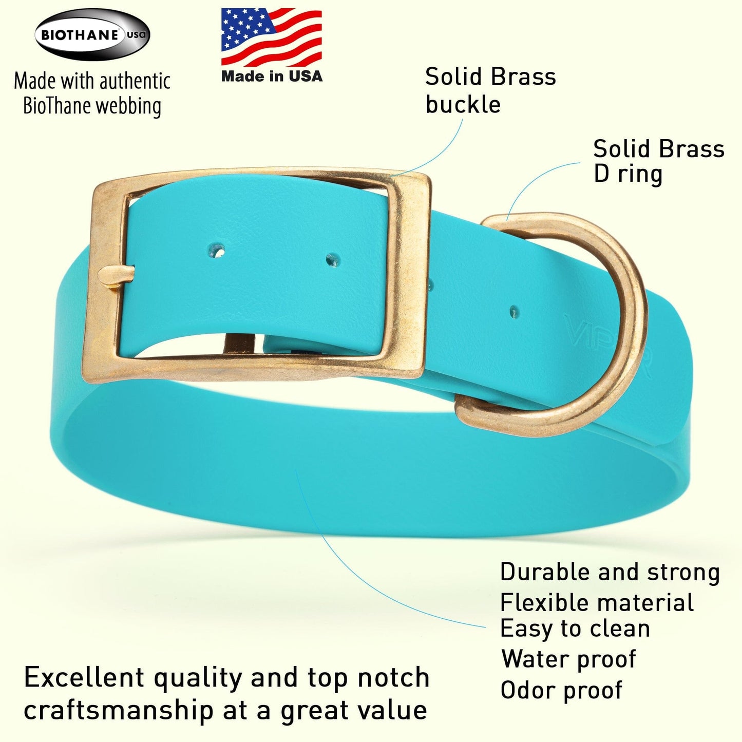 Viper Biothane Waterproof Dog Collar - Brass Hardware - 1.5in Wide, Size XXL (24 to 28 inches) Dog Collars Dogline