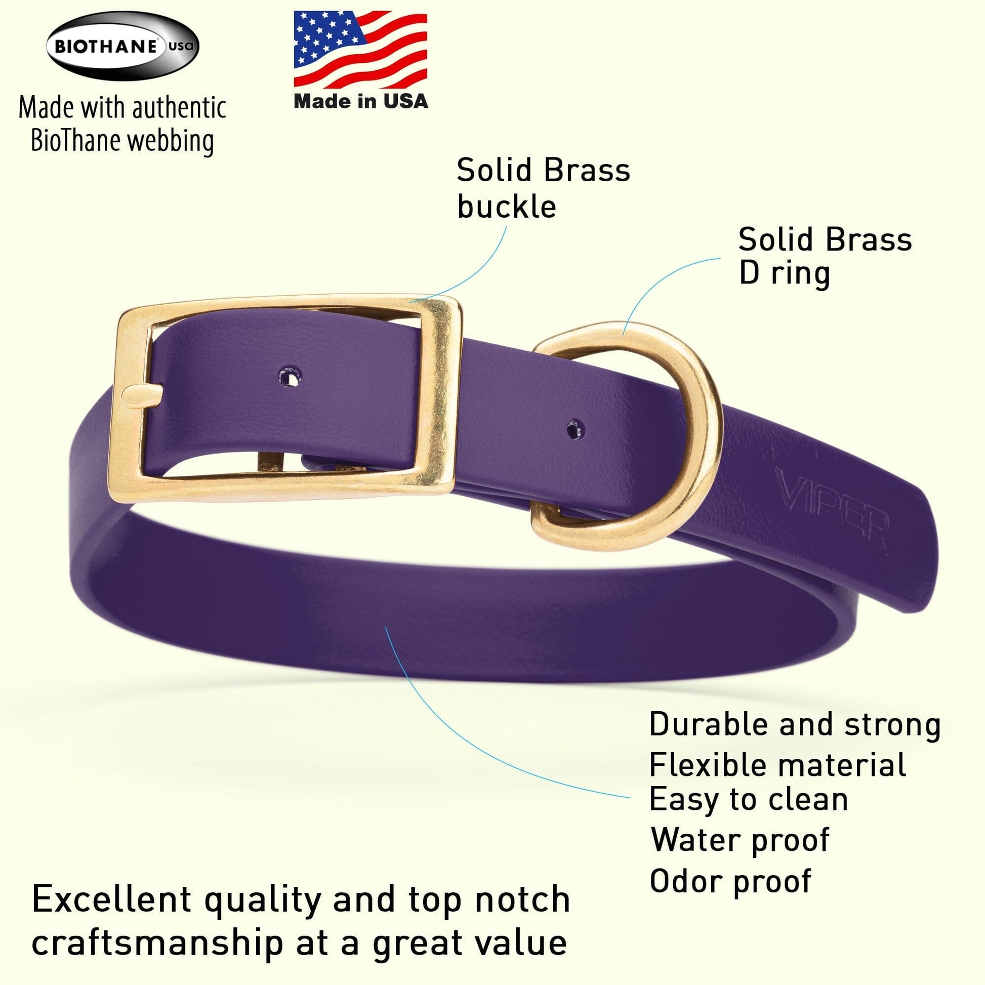 Viper Biothane Waterproof Dog Collar - Brass Hardware - Size L (18 to 22 inches) Dog Collars Dogline