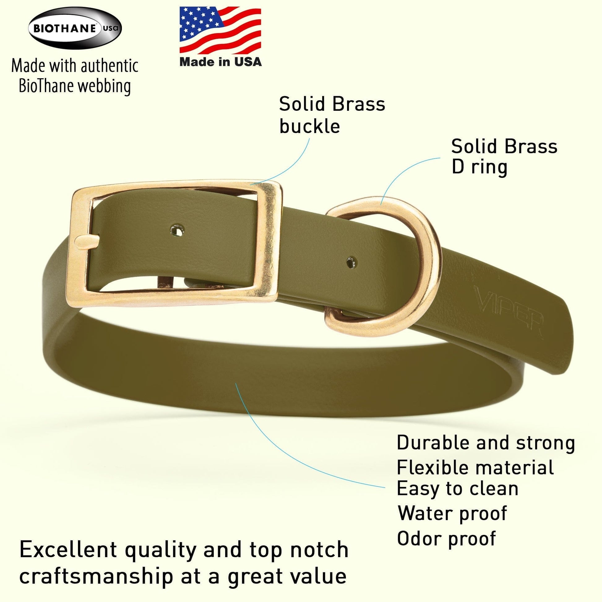 Viper Biothane Waterproof Dog Collar - Brass Hardware - Size XL (22 to 25 inches) Dog Collars Dogline