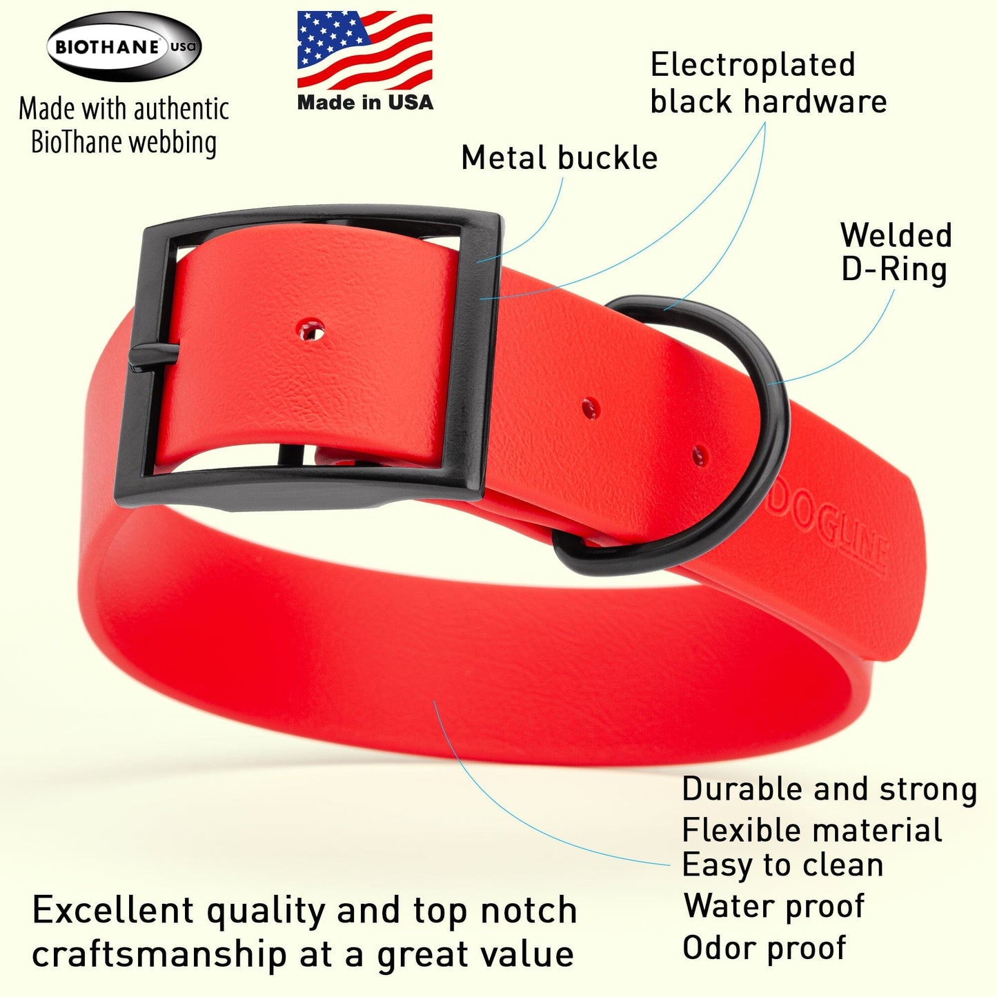 Dogline Biothane Waterproof Dog Collar with Black Hardware - 1.5" Wide, Size XXL (24 to 28 inches) Dog Collars Dogline