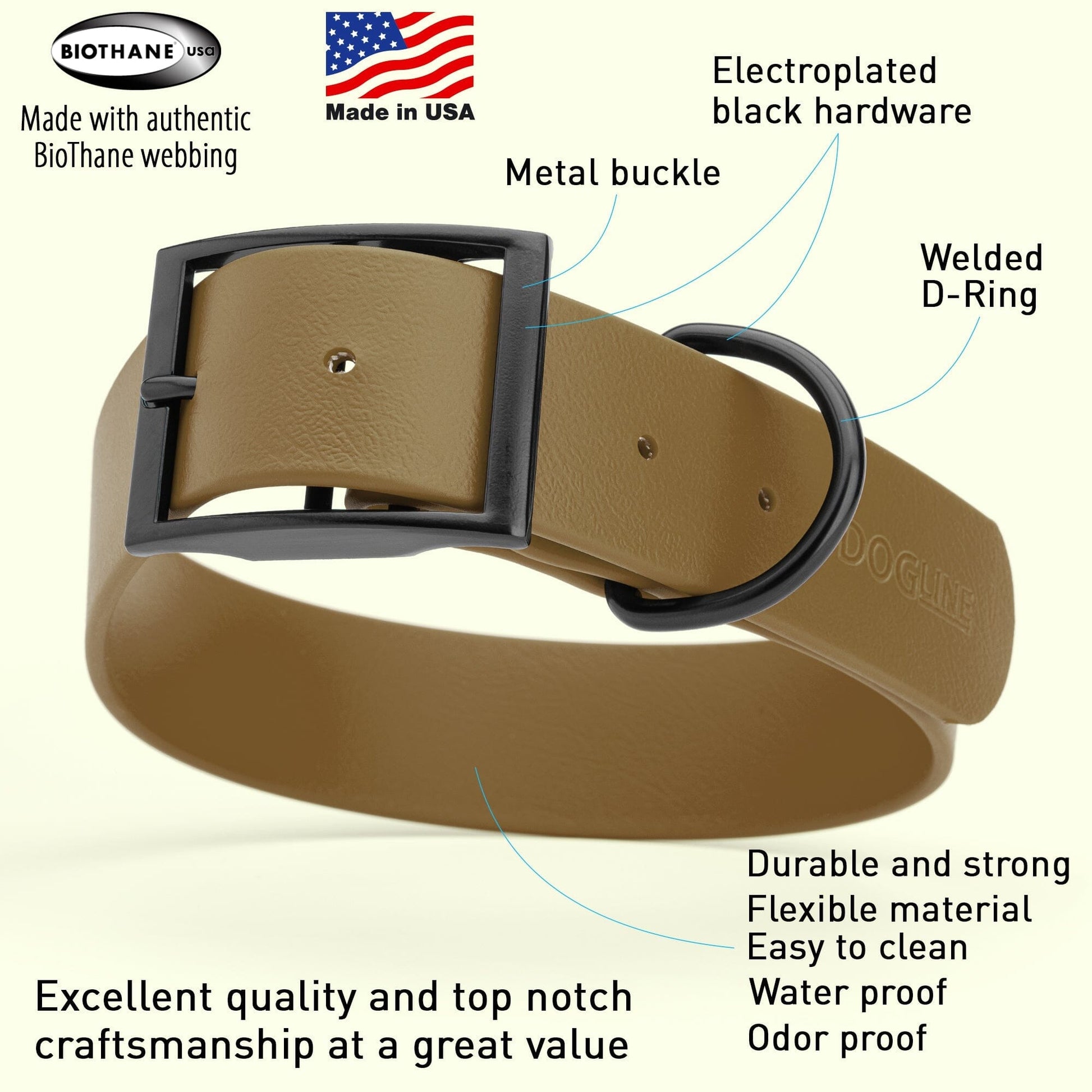 Dogline Biothane Waterproof Dog Collar with Black Hardware - 1.5" Wide, Size L (16 to 20 inches) Dog Collars Dogline