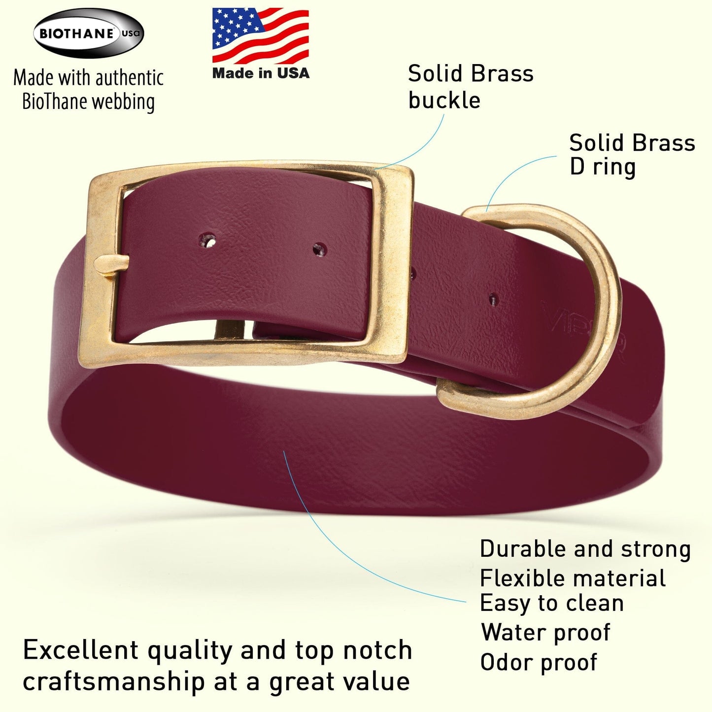 Viper Biothane Waterproof Dog Collar - Brass Hardware - 1.5in Wide, Size XL (20 to 24 inches) Dog Collars Dogline