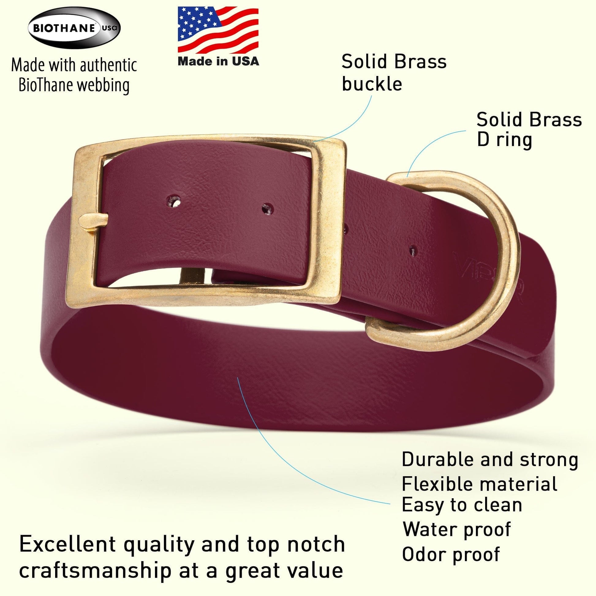 Viper Biothane Waterproof Dog Collar - Brass Hardware - 1.5in Wide, Size XL (20 to 24 inches) Dog Collars Dogline