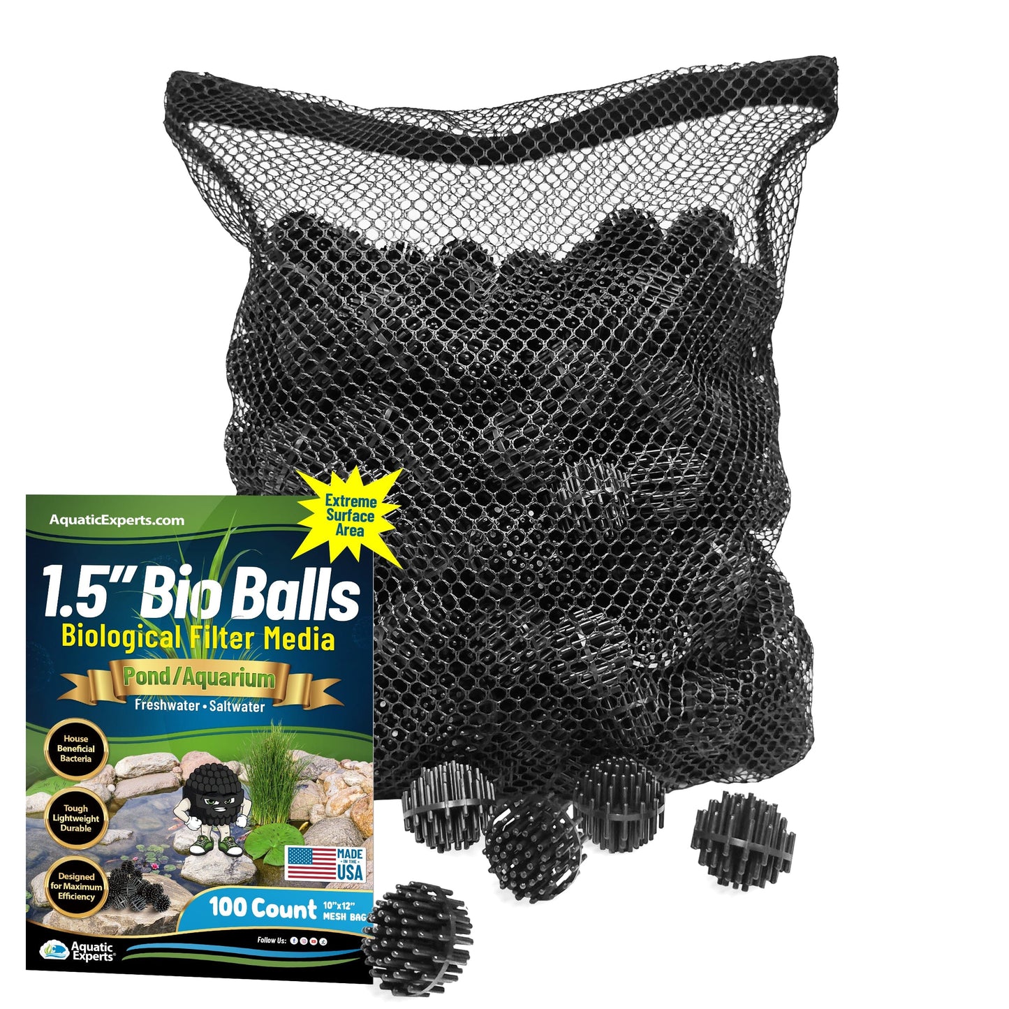 Bio Balls Filter Media - 1.5 Inch Large Bio Ball for Pond Filter - Perfect Bio Balls for Pond Filter Media – Made in The USA 100ct with 10"x12" Mesh Bag Bio balls Aquatic Experts