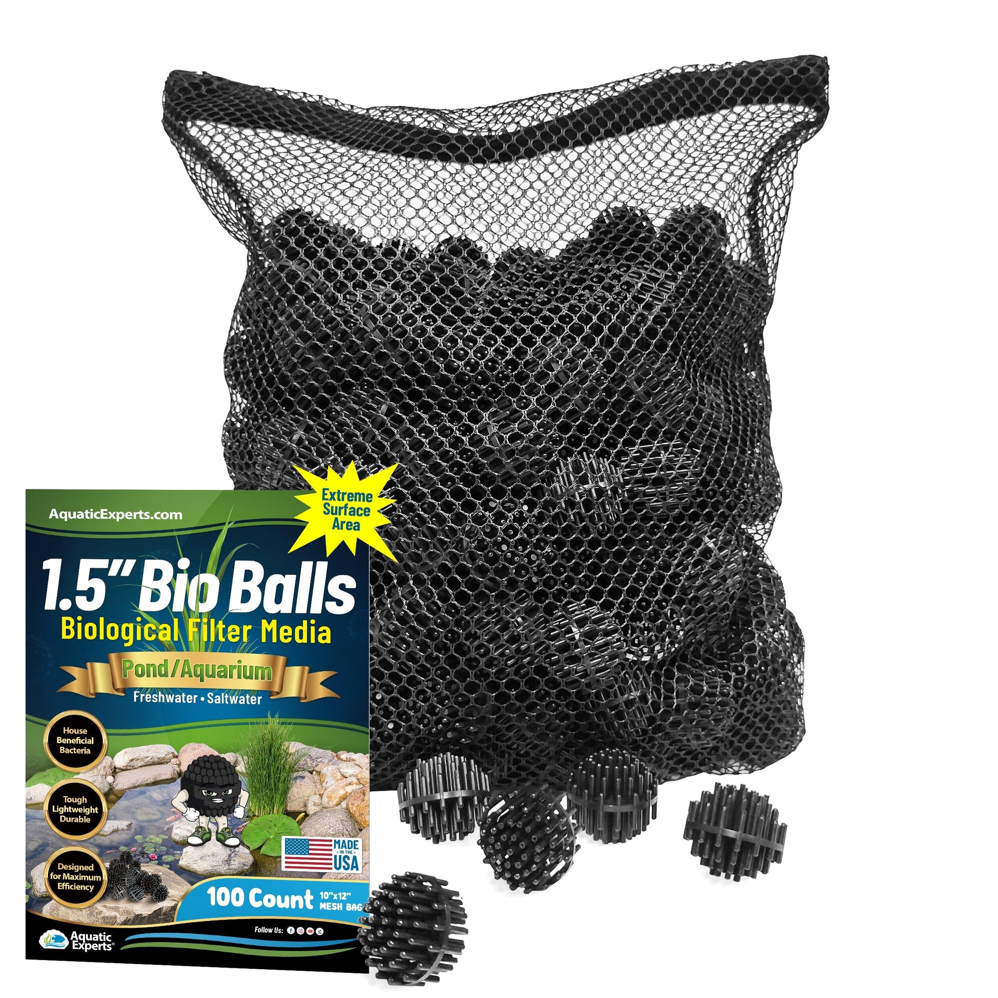 Bio Balls Filter Media - 1.5 Inch Large Bio Ball for Pond Filter - Perfect Bio Balls for Pond Filter Media – Made in The USA 100ct with 10"x12" Mesh Bag Bio balls Aquatic Experts