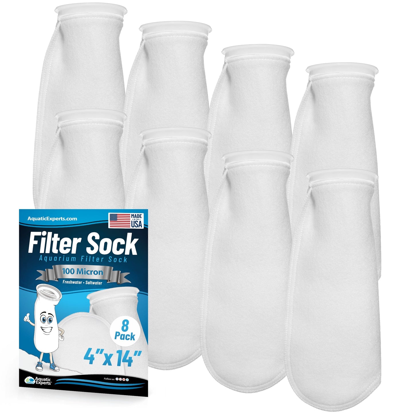Aquatic Experts Aquatic Experts 4" Ring Aquarium Filter Sock 100 Micron for Saltwater & Reef Aquariums 14" 8 Pack Aquatic Experts