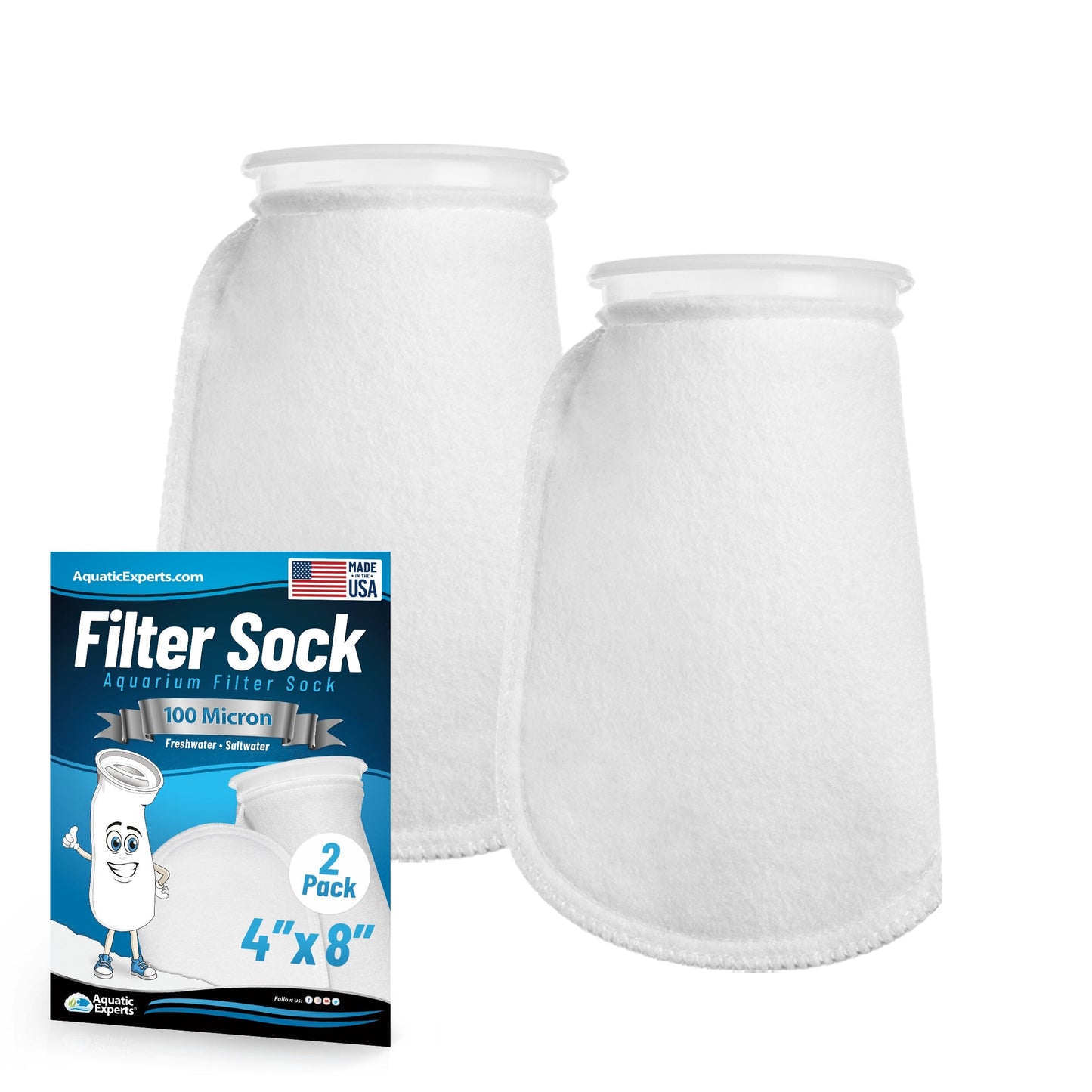 Aquatic Experts Aquatic Experts 4" Ring Aquarium Filter Sock 100 Micron for Saltwater & Reef Aquariums 8" 2 Pack Aquatic Experts