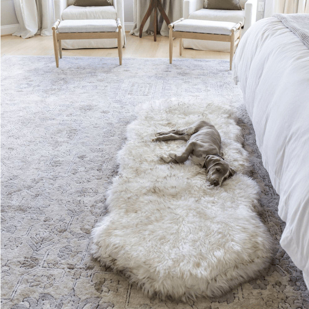 PupRug® Runner Faux Fur Memory Foam Dog Bed - Curve White with Brown Accents Dog Beds Paw