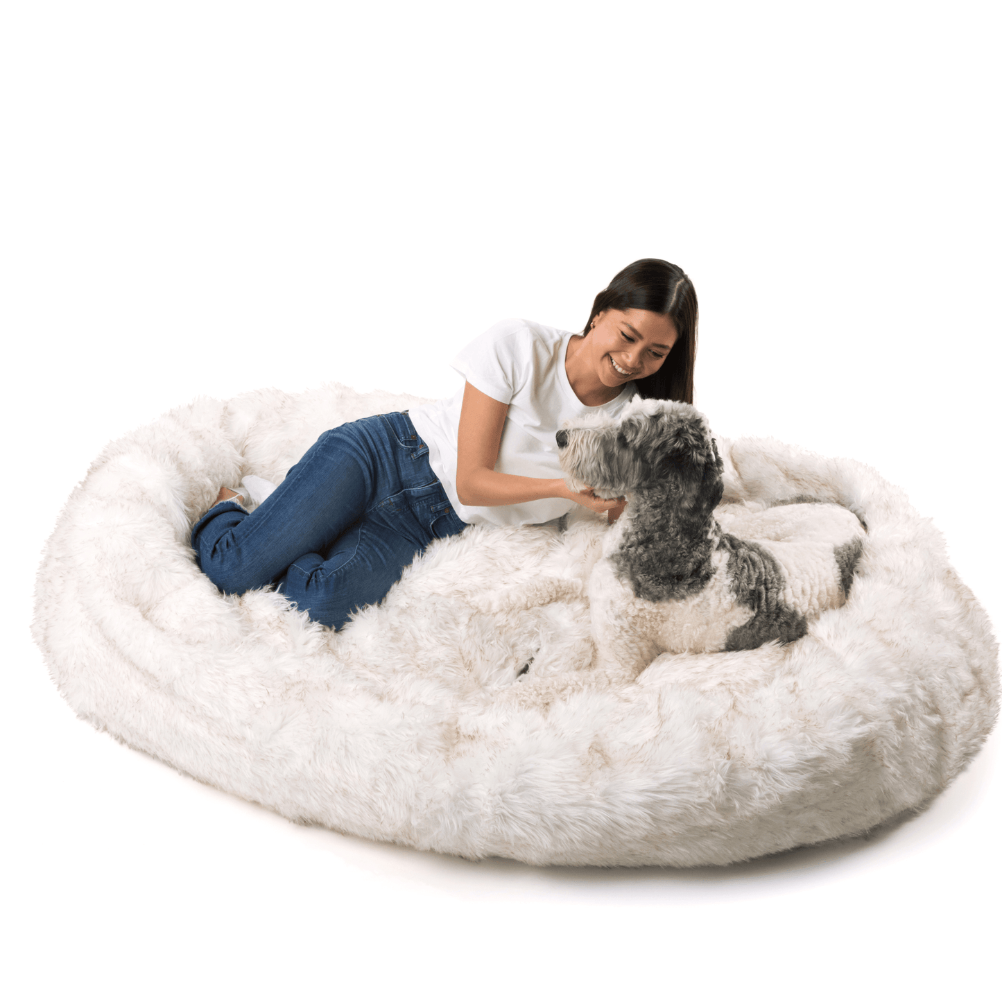 PupCloud™ Human-Size Faux Fur Memory Foam Dog Bed - White with Brown Accents Paw