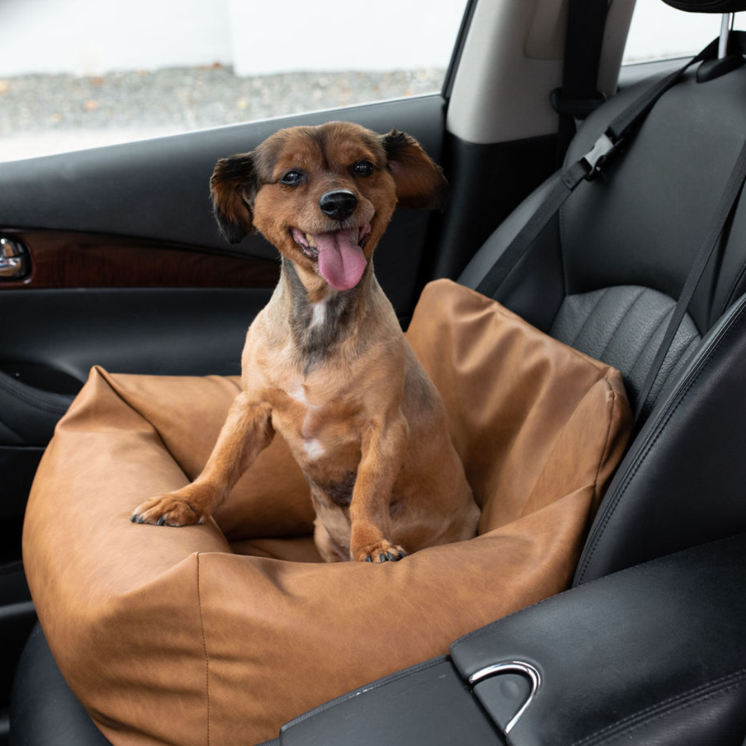 PupProtector™ Faux Cool-to-Touch Vegan Leather Memory Foam Dog Car Bed - Camel Travel Paw.com
