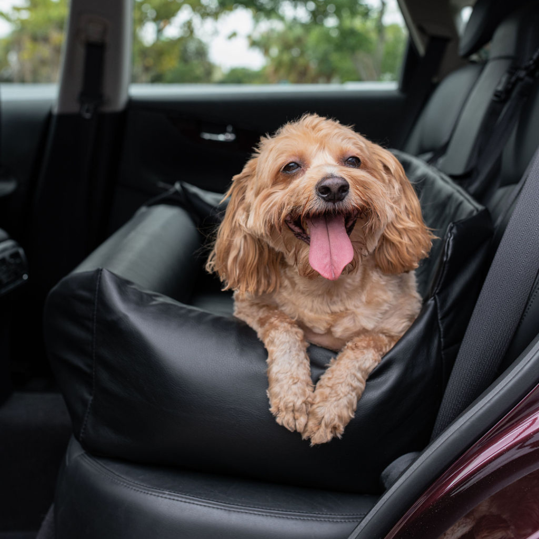 PupProtector™ Faux Cool-to-Touch Vegan Leather Memory Foam Dog Car Bed - Black Travel Paw.com