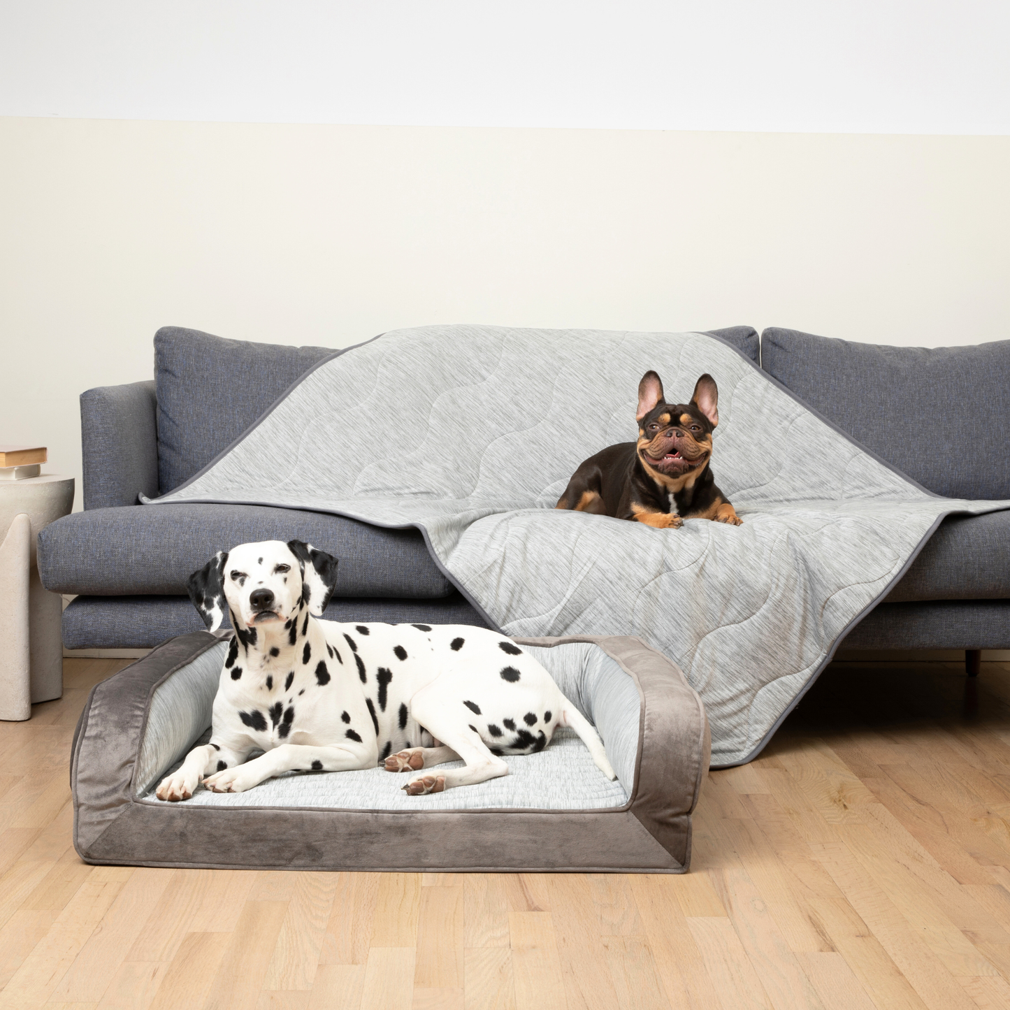 PupChill™ Cooling Bolster Dog Bed + Waterproof Blanket Bundle - Arctic Grey Paw