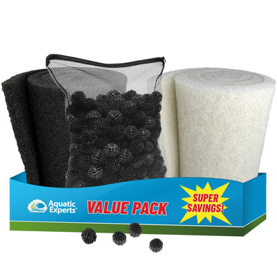 Pond Bundle - White Fine Filter Pad 12" x 72", Black Coarse FIlter Pad 12" x 72", 300 Count BioBalls with Mesh Bag Bundles Aquatic Experts