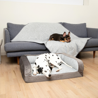PupChill™ Cooling Bolster Dog Bed + Waterproof Blanket Bundle - Arctic Grey Large Bed (35" L x 27" W) + Original Blanket (50" L x 60" W) Paw