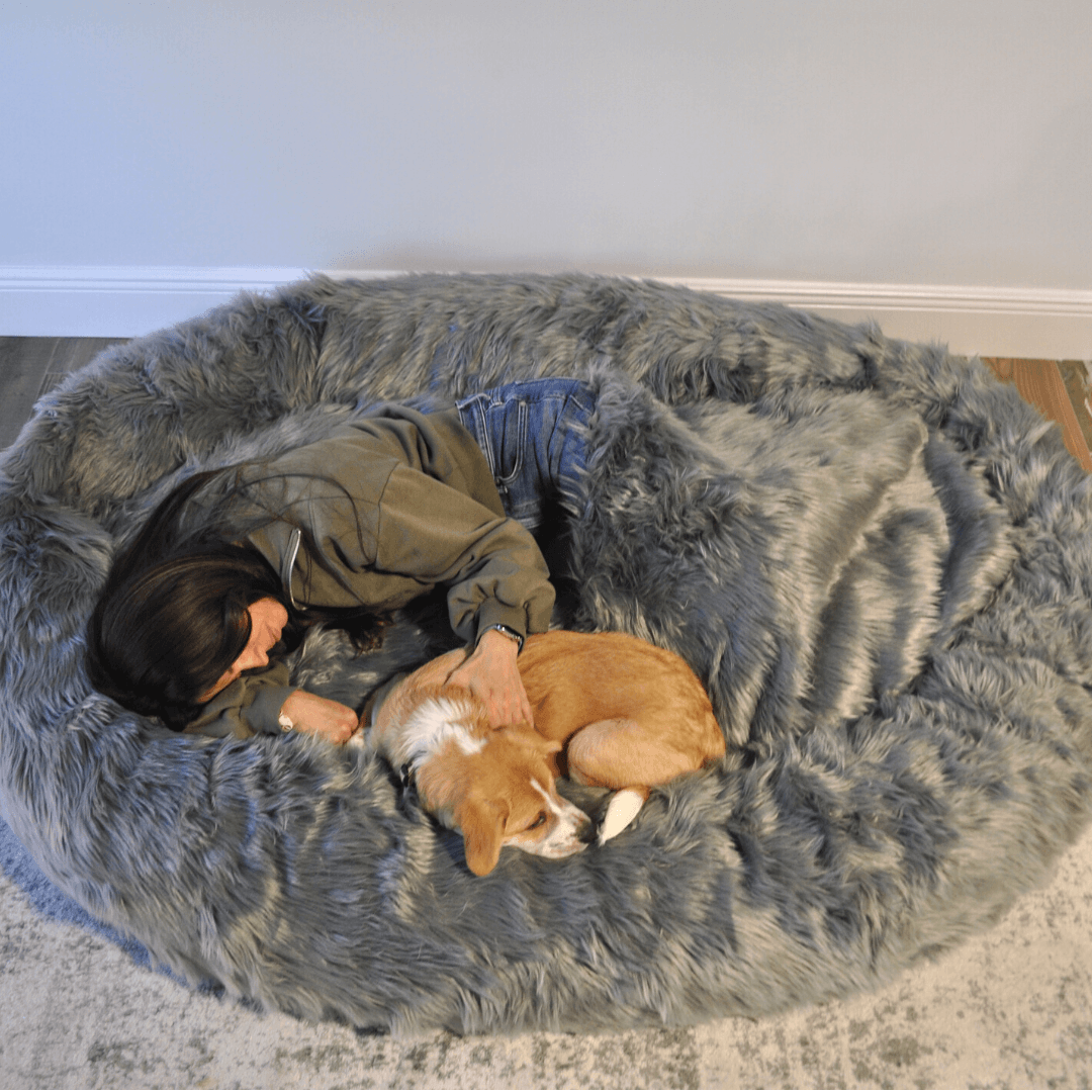 PupCloud™ Human-Size Faux Fur Memory Foam Dog Bed - Charcoal Grey Paw