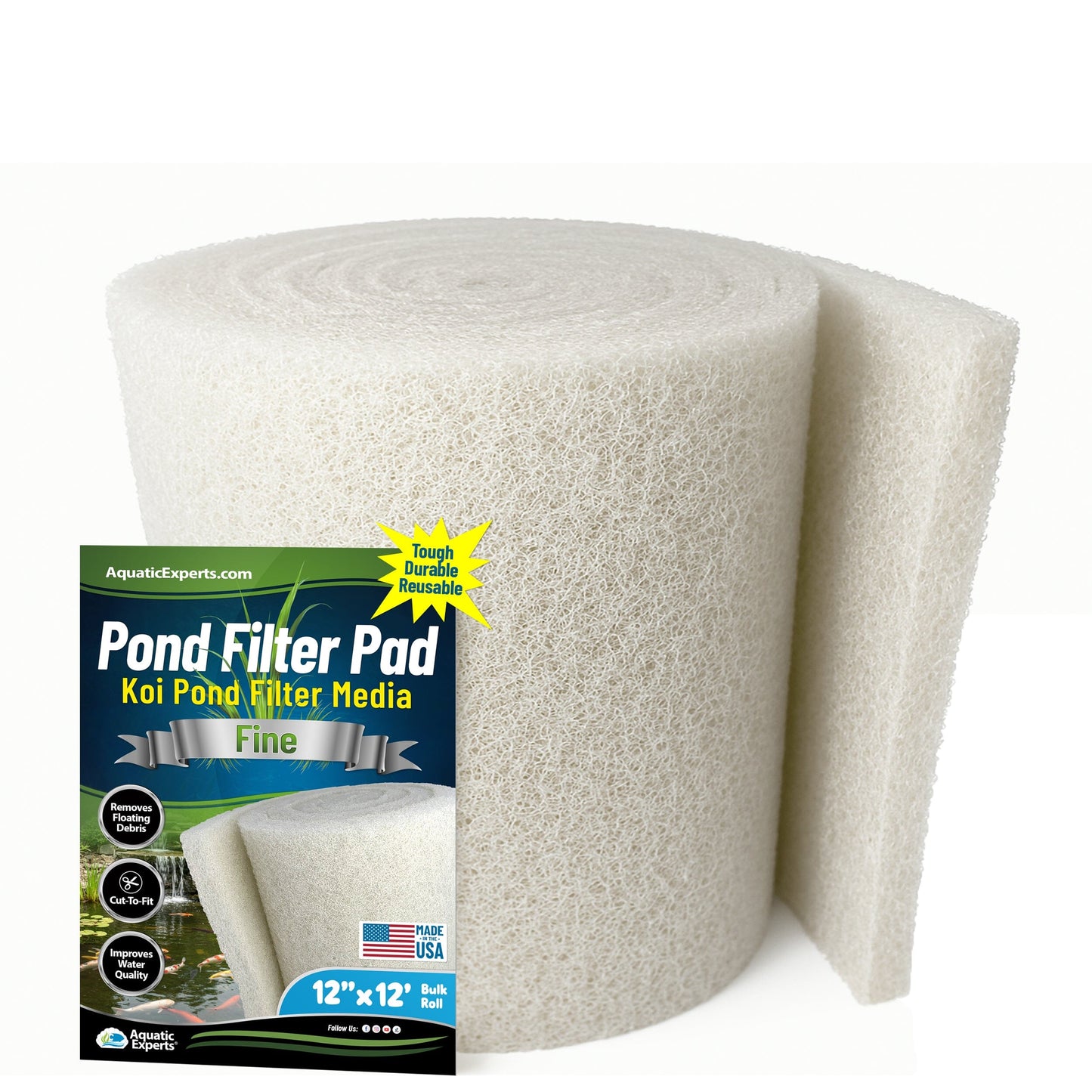 Classic Koi Pond Filter Pad FINE - White Bulk Roll Filter Media, Ultra-Durable for Fish Ponds - Made in USA 3 4 - 1 inch 12" x 12 Feet Aquatic Experts