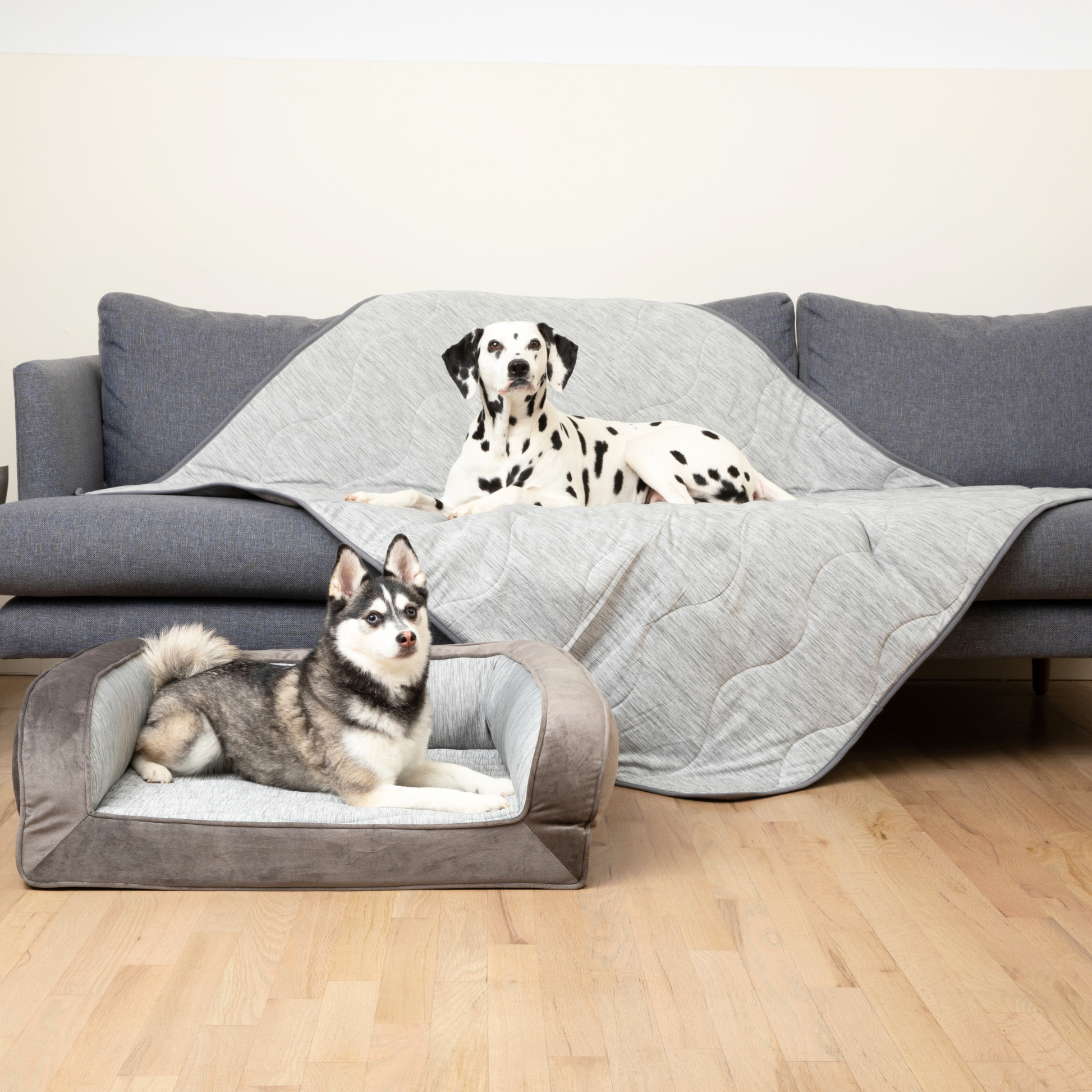 PupChill™ Cooling Bolster Dog Bed + Waterproof Blanket Bundle - Arctic Grey Medium Bed (29" L x 24" W) + Original Blanket (50" L x 60" W) Paw
