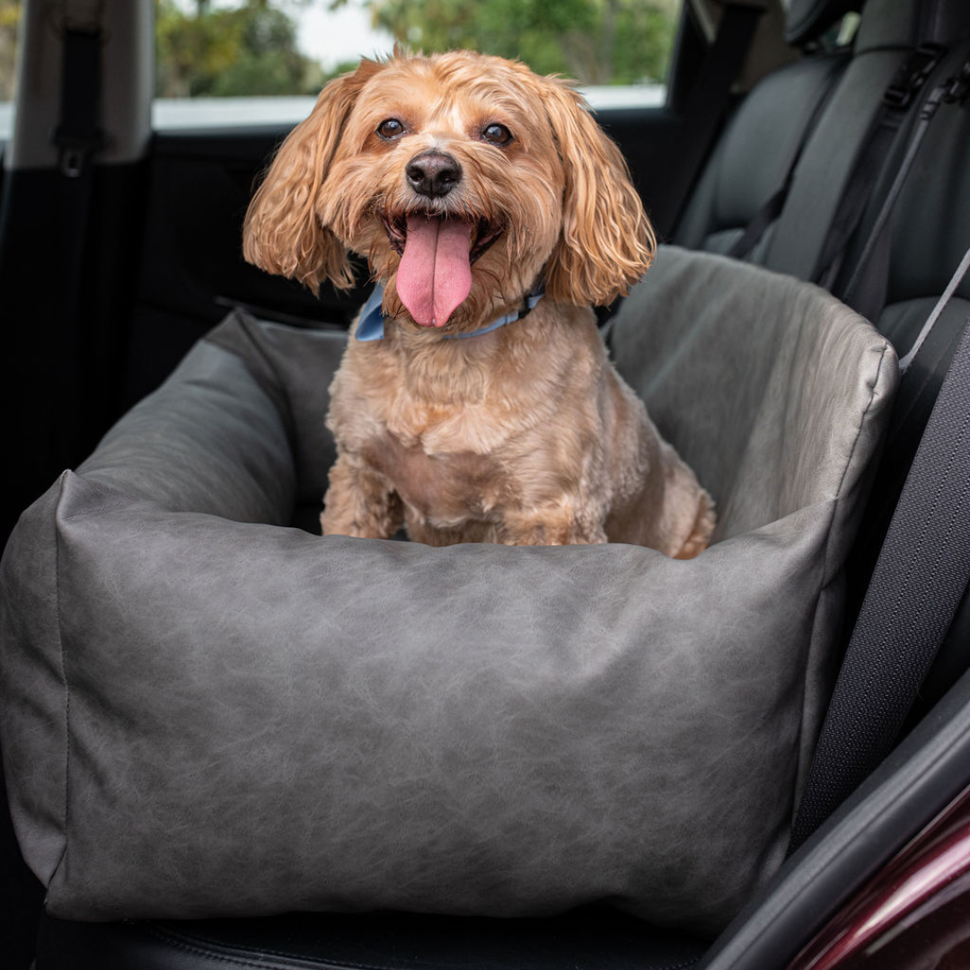 PupProtector™ Faux Cool-to-Touch Vegan Leather Memory Foam Dog Car Bed - Slate Gray Double Seat (36" x 18" x 13") Travel Paw.com