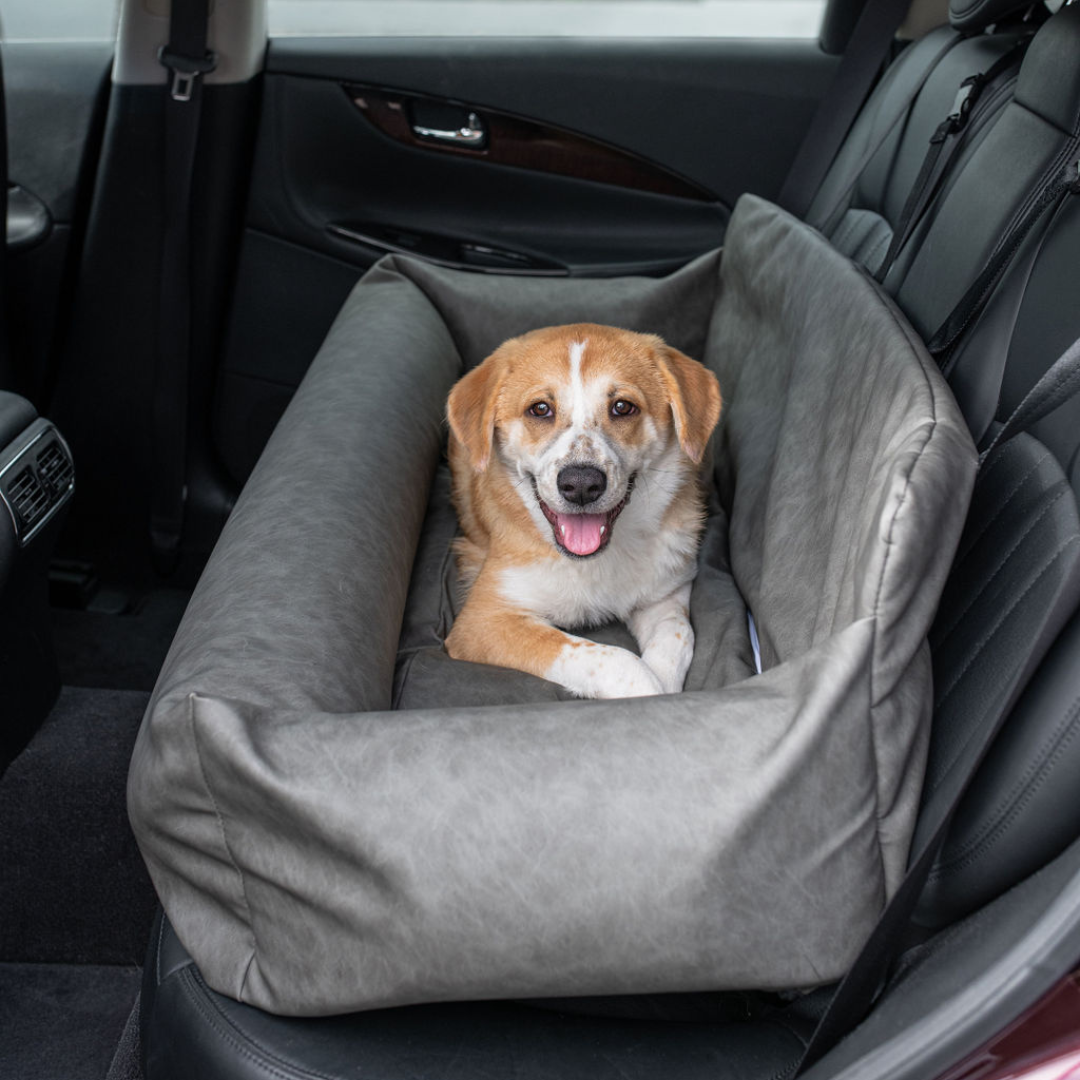 PupProtector™ Faux Cool-to-Touch Vegan Leather Memory Foam Dog Car Bed - Slate Gray Full Back Seat (48" x 18" x 13") Travel Paw.com