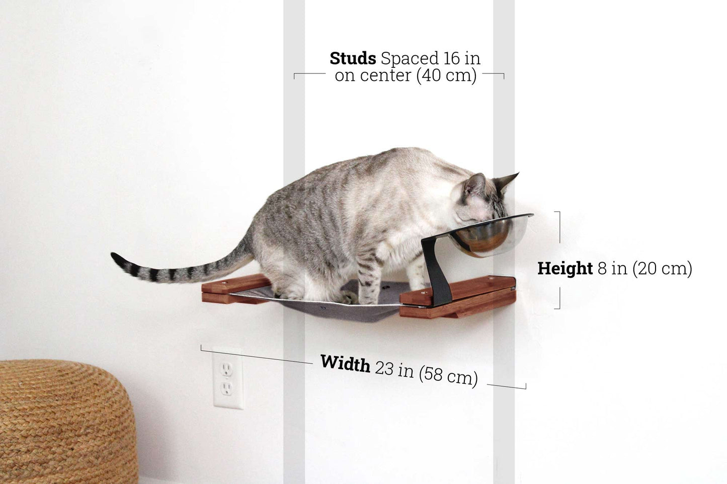 Dog Proof Cat Feeder - Wall-Mounted - Raised Elevated English Chestnut Bamboo Charcoal Gray Canvas 16" Cat Hammock Catastrophic Creations