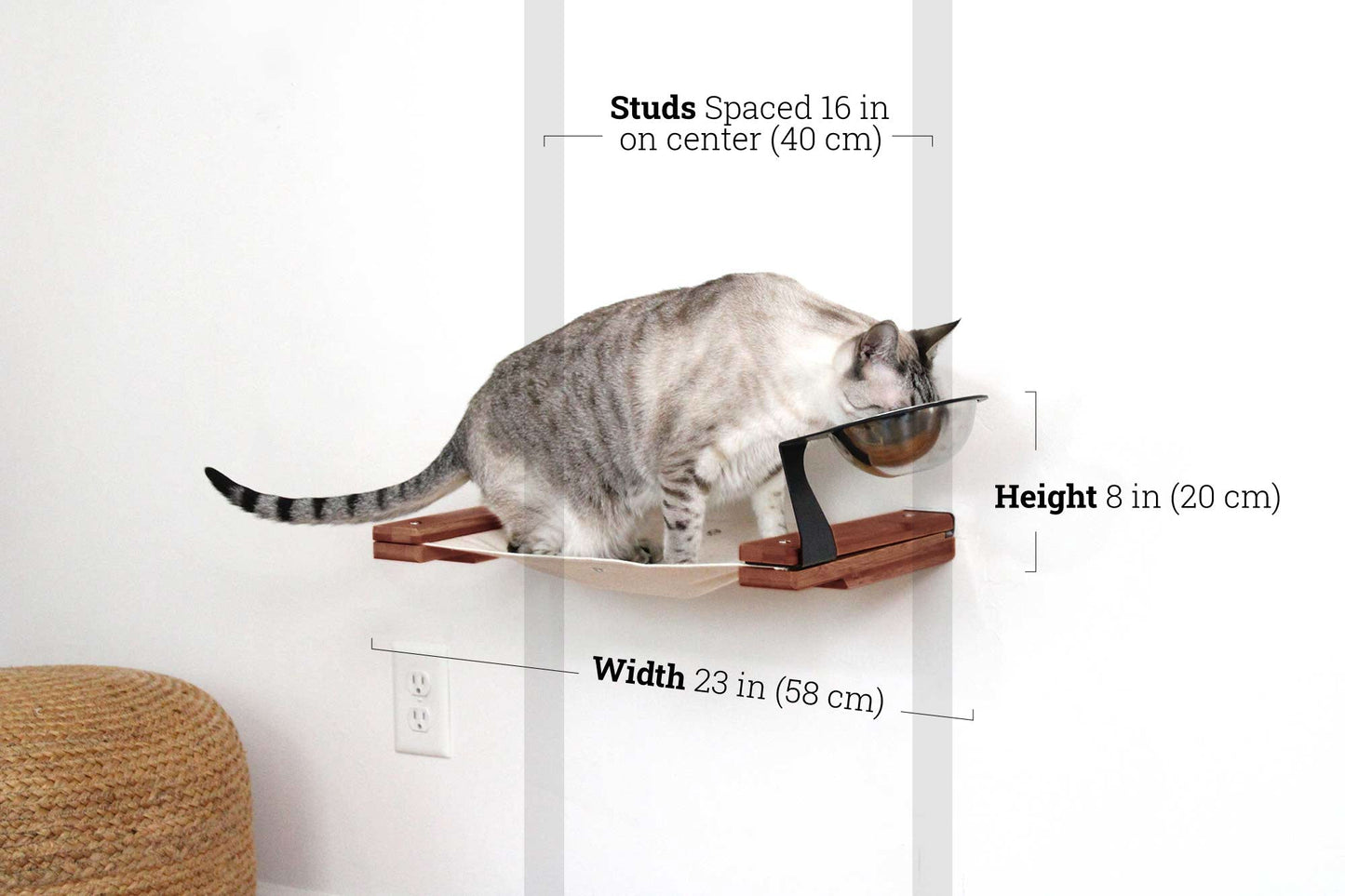 Dog Proof Cat Feeder - Wall-Mounted - Raised Elevated English Chestnut Bamboo Natural Canvas 16" Cat Hammock Catastrophic Creations