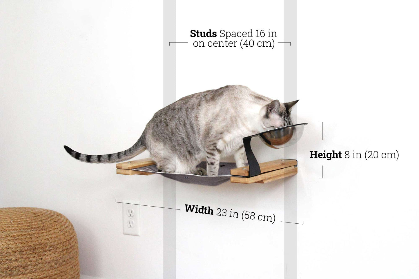 Dog Proof Cat Feeder - Wall-Mounted - Raised Elevated Natural Bamboo Charcoal Gray Canvas 16" Cat Hammock Catastrophic Creations