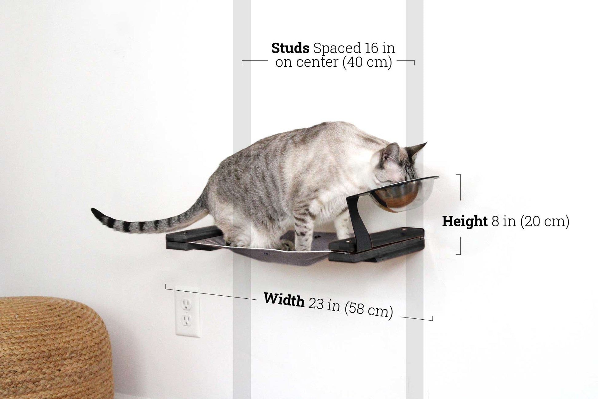 Dog Proof Cat Feeder - Wall-Mounted - Raised Elevated Onyx Bamboo Charcoal Gray Canvas 16" Cat Hammock Catastrophic Creations