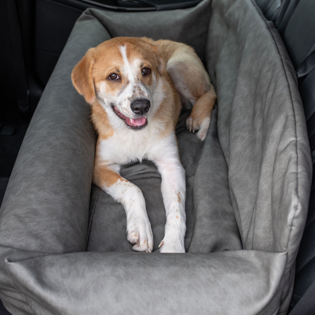 PupProtector™ Faux Cool-to-Touch Vegan Leather Memory Foam Dog Car Bed - Slate Gray Travel Paw.com