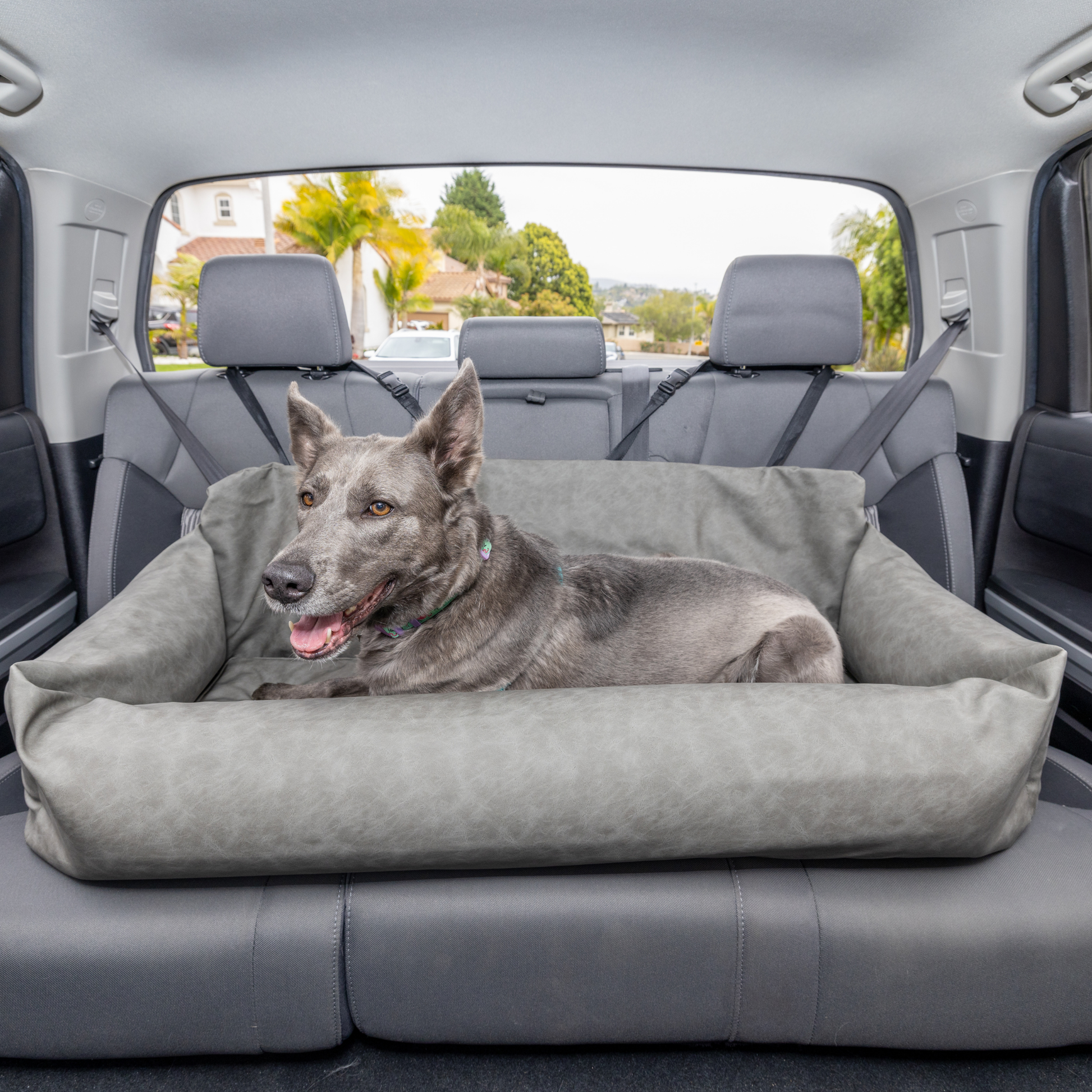 PupProtector™ Faux Cool-to-Touch Vegan Leather Memory Foam Dog Car Bed - Slate Gray Travel Paw.com