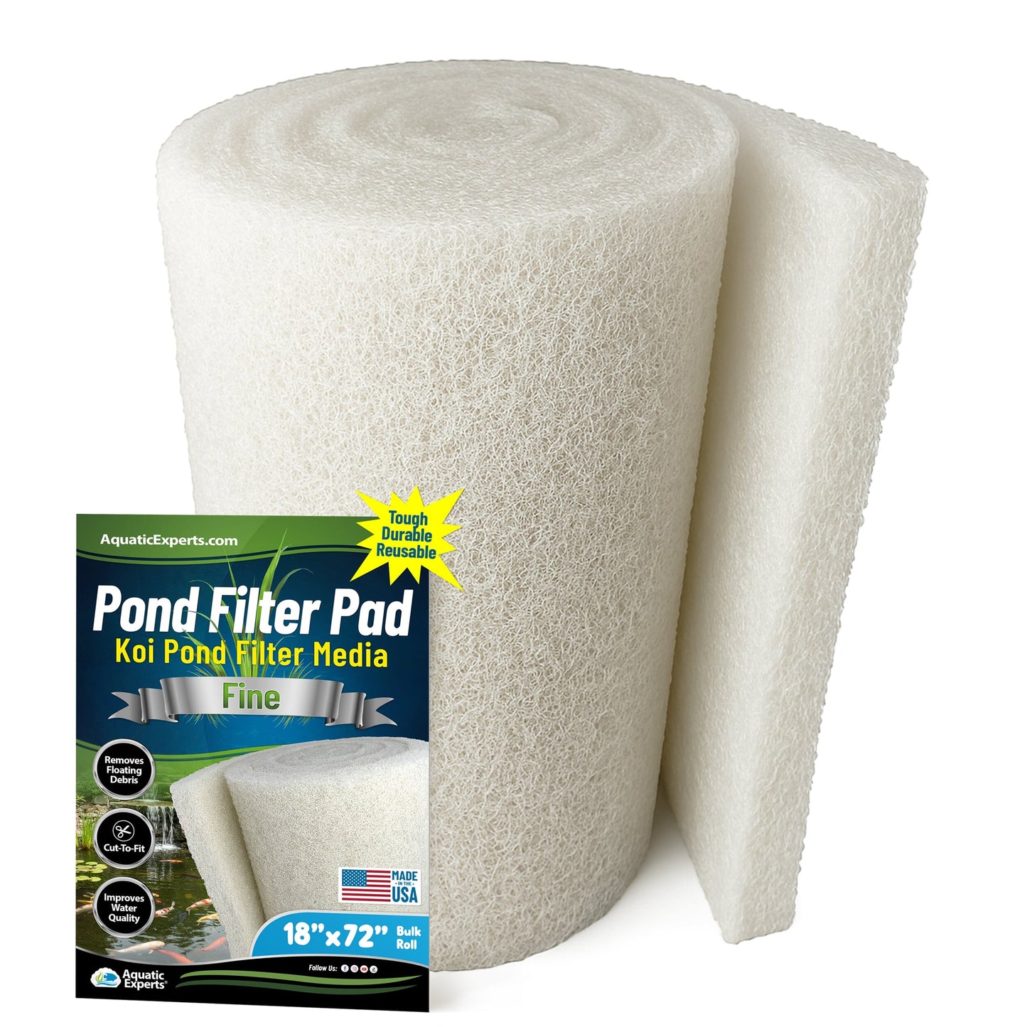 Classic Koi Pond Filter Pad FINE - White Bulk Roll Filter Media, Ultra-Durable for Fish Ponds - Made in USA 3 4 - 1 inch 18" x 72" Aquatic Experts