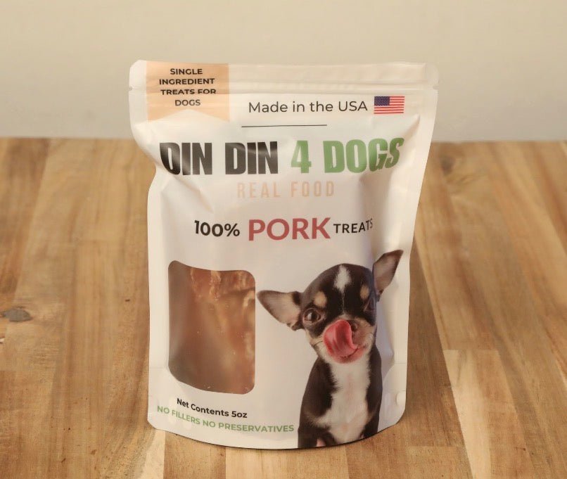 Pork Dog Treats, 5 Ounce Bag, Single Ingredient, High Protein Treat Din Din 4 Dogs