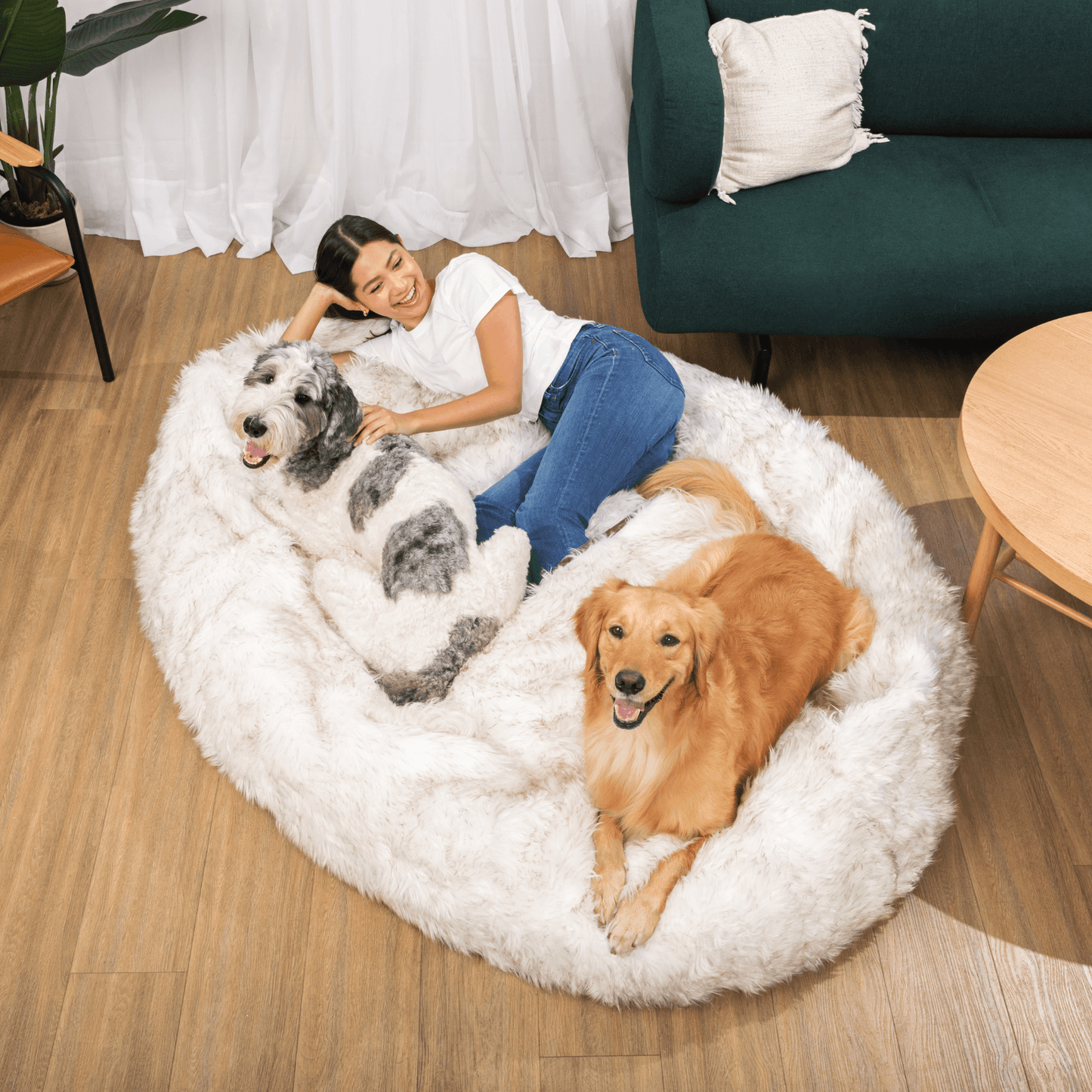 PupCloud™ Human-Size Faux Fur Memory Foam Dog Bed - White with Brown Accents Paw