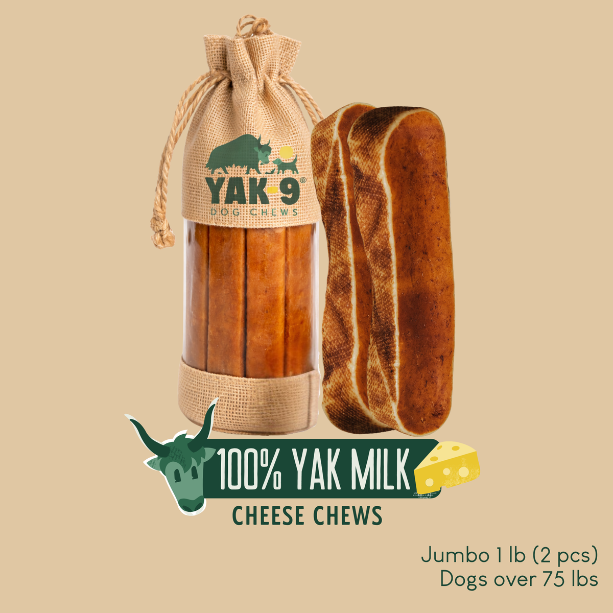 100% Yak Milk Chews for Dogs Jumbo (8oz) 1 lb 100% YAK CHEWS Yak9 Chews