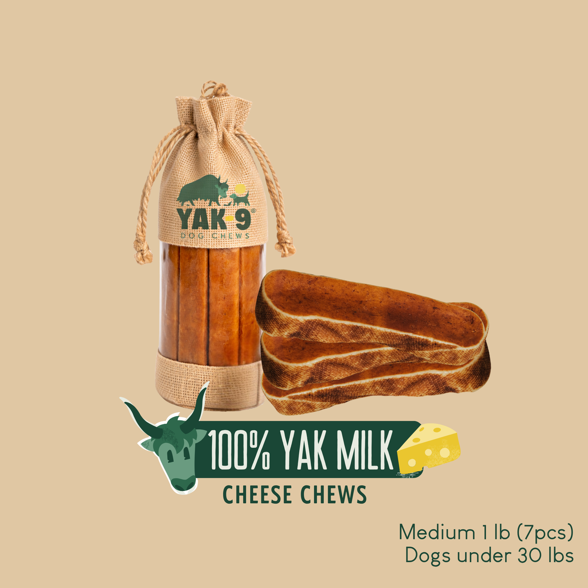 100% Yak Milk Chews for Dogs Medium (2.3oz) 1 lb 100% YAK CHEWS Yak9 Chews