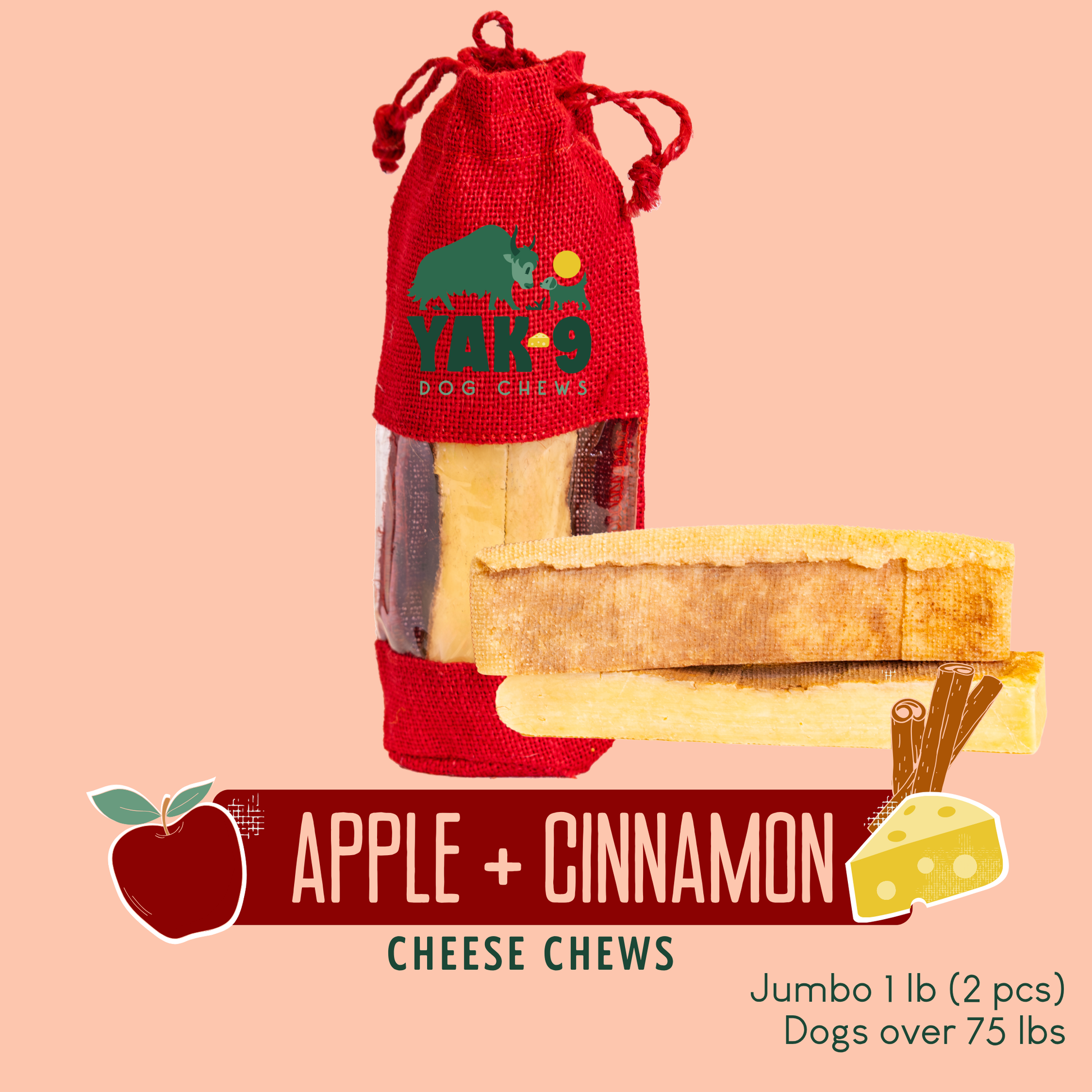 Apple & Cinnamon Chews for Dogs Jumbo (8oz) 1 lb Apple & Cinnamon Chews Yak9 Chews