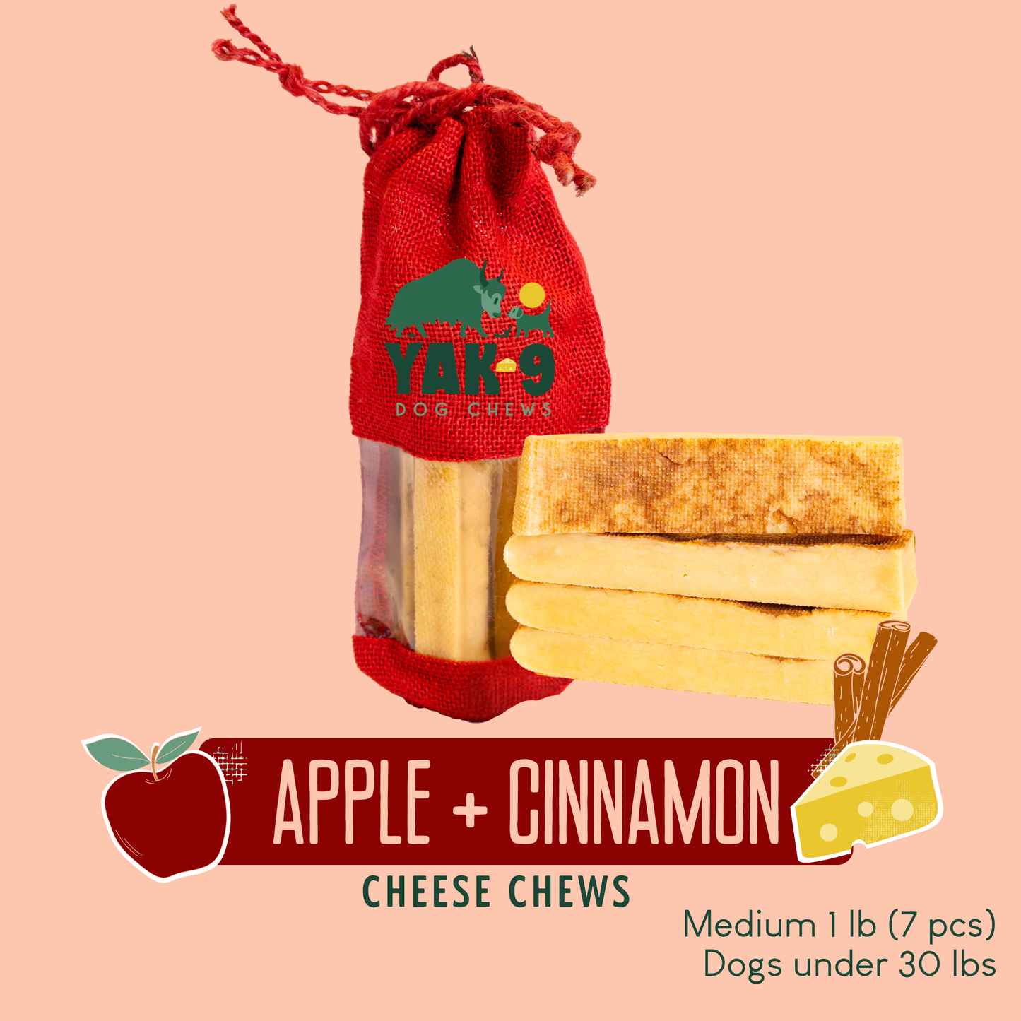 Apple & Cinnamon Chews for Dogs Medium (2.3oz) 1 lb Apple & Cinnamon Chews Yak9 Chews