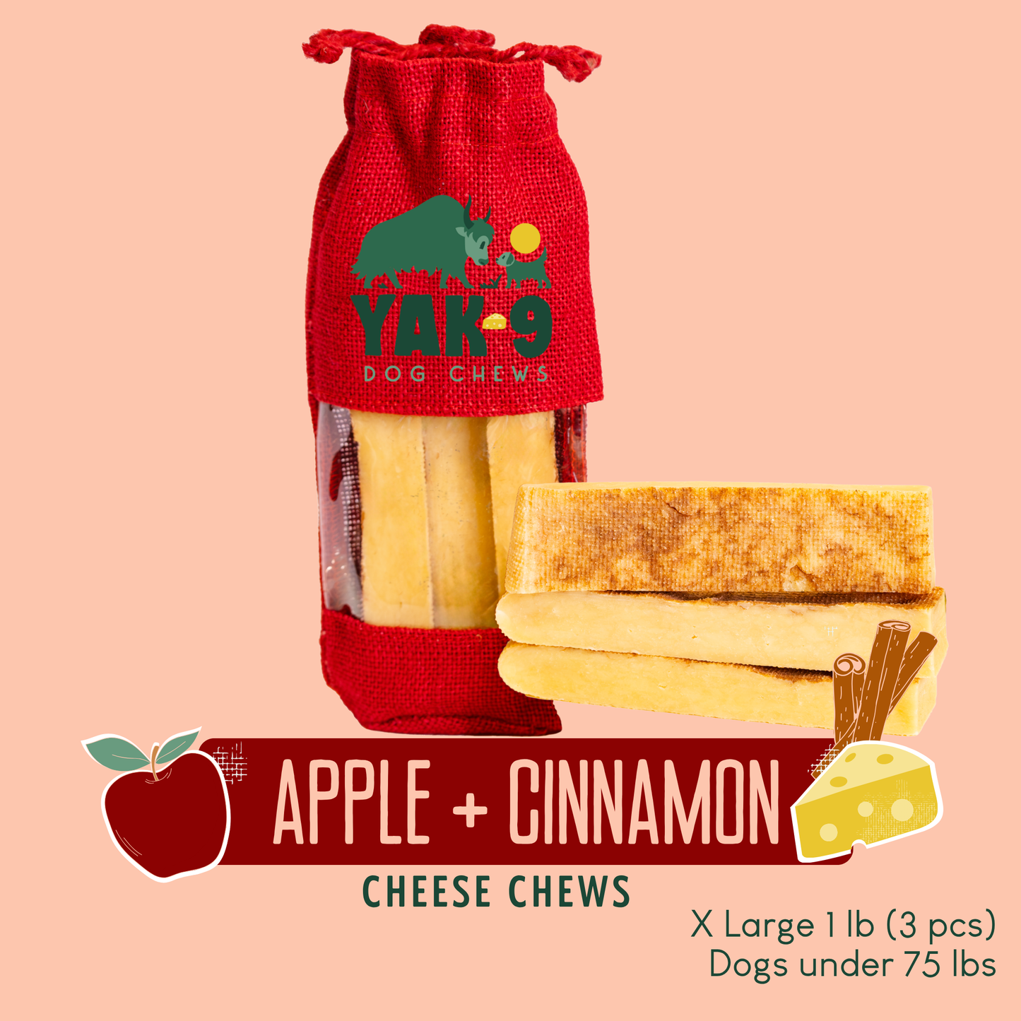 Apple & Cinnamon Chews for Dogs XLarge (6oz) 1 lb Apple & Cinnamon Chews Yak9 Chews