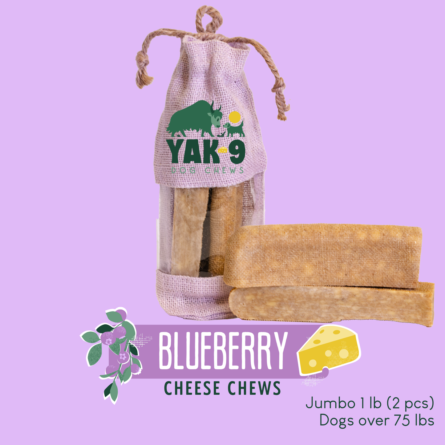 Blueberry Cheese Chews for Dogs Jumbo (8oz) 1 lb BLUEBERRY YAK CHEWS Yak9 Chews